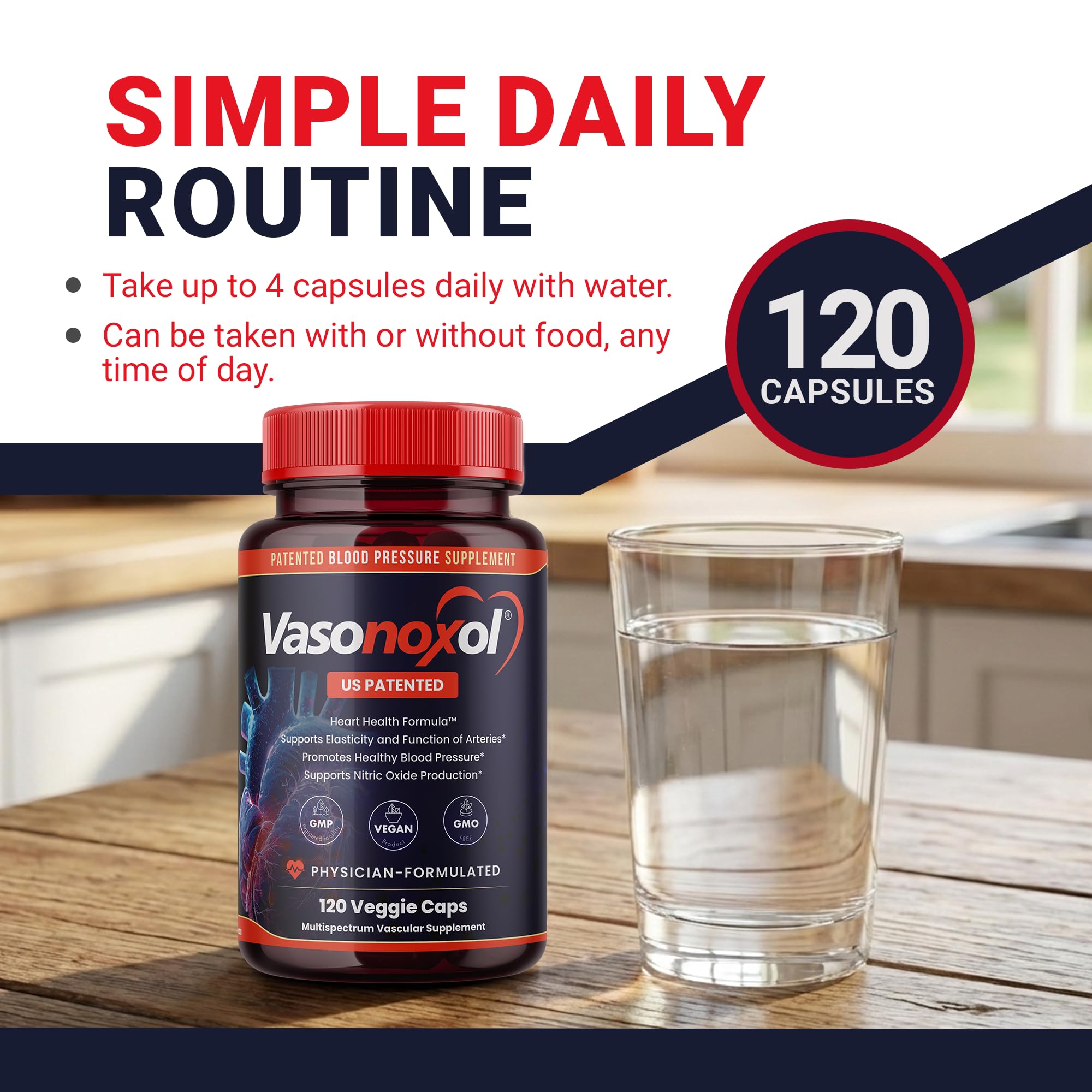 Vasonoxol U.S. Patented Nitric Oxide Supplement for Blood Pressure Support 2880mg - Physician Formulated Vascular Health Formula with L-Arginine & L-Citrulline - Vegan, Non-GMO (120 Capsules) PanoxolBuy Supplements Australia