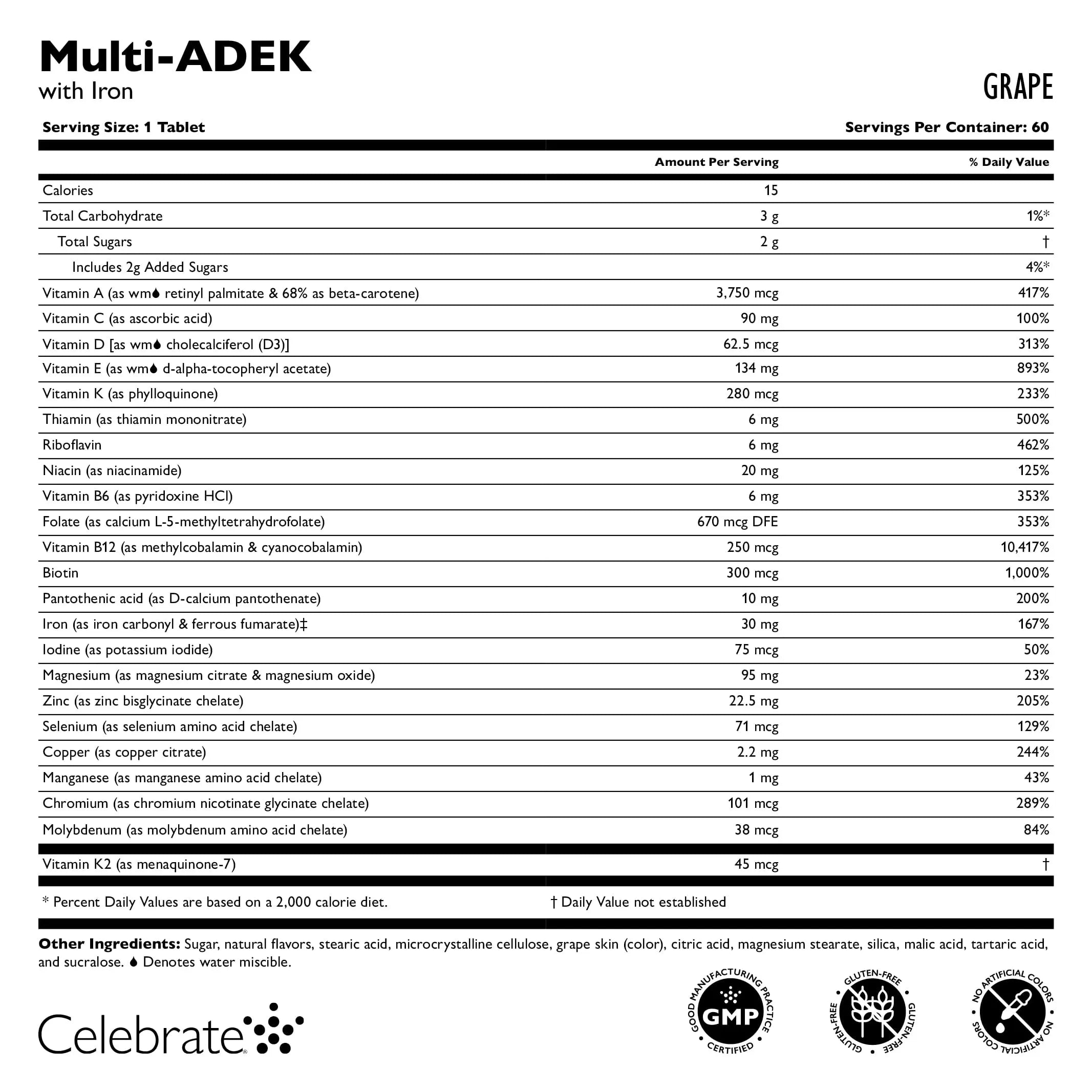 Celebrate Vitamins Multi ADEK Chewables, 60mg Iron - Daily Bariatric Multivitamin, Vitamins A, D, E, K & B12 for Duodenal Switch Surgery Patients Celebrate Bariatric Supplements