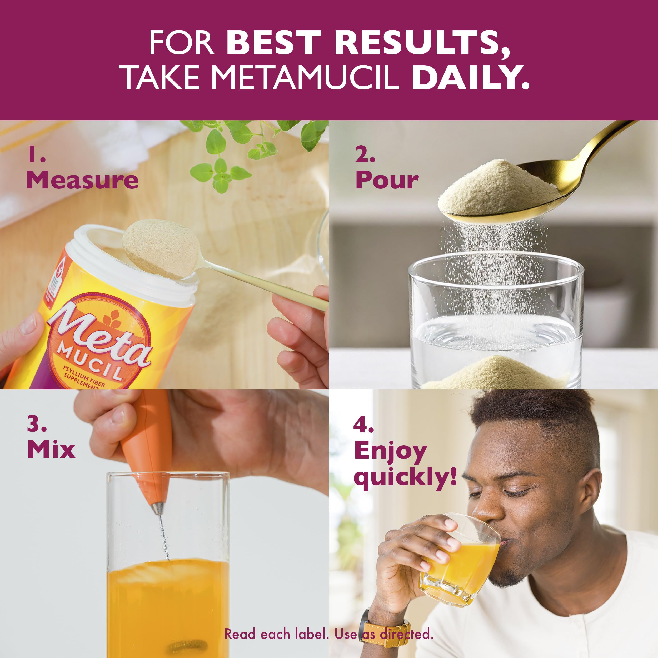 Metamucil 4-in-1 Psyllium Husk Friendly Fiber Supplement, Sugar-Free, 72 teaspoons, Orange Flavored, Daily Fiber Powder for Digestive Health