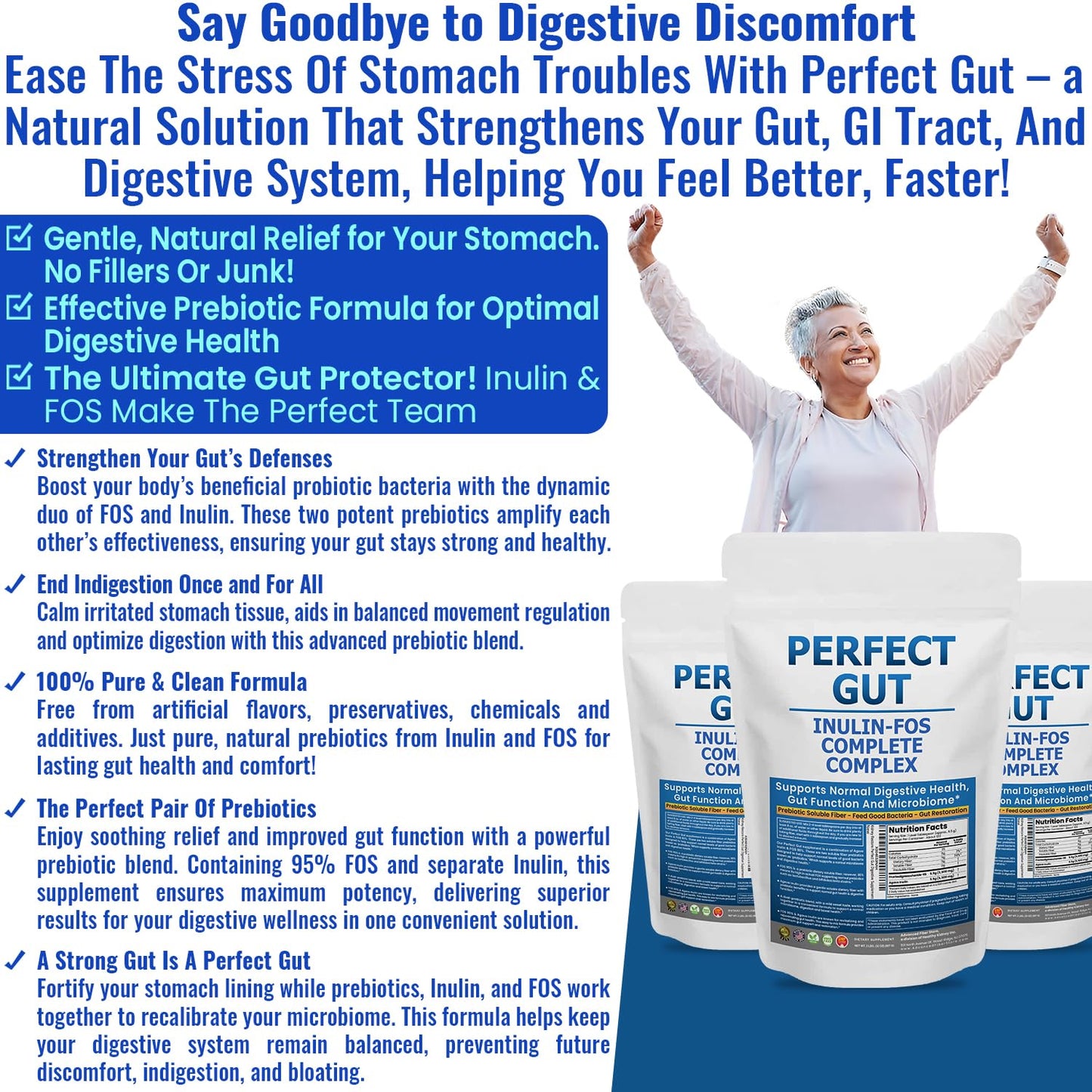 Perfect Gut: Inulin FOS Powder for Gut Health. Prebiotic Inulin. Unique Prebiotic 95% FOS Inulin Agave Fiber