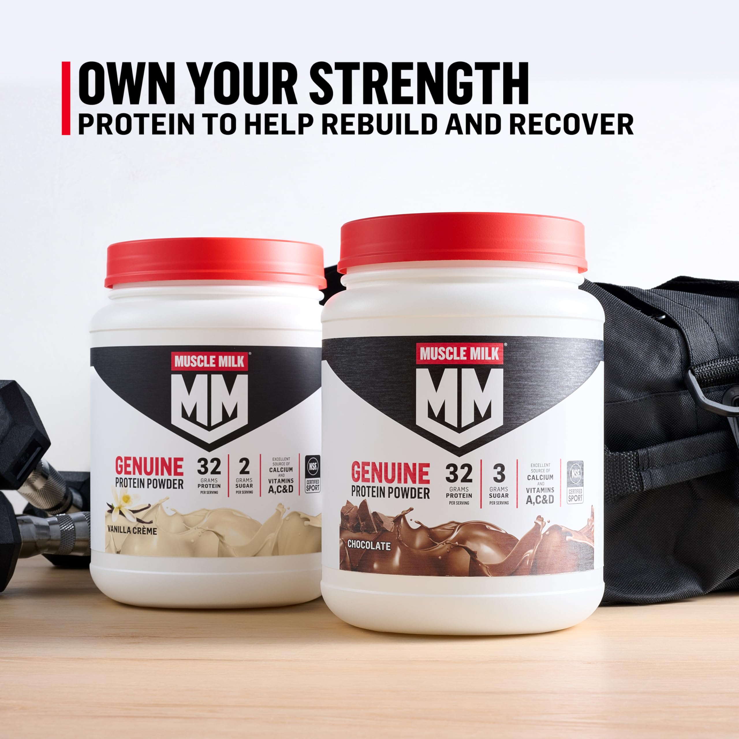 Muscle Milk Genuine Protein Powder, Vanilla Crème, 1.93 Pounds, 12 Servings, 32g Protein, 2g Sugar, Calcium, Vitamins A, C & D, NSF Certified for Sport, Energizing Snack, Packaging May Vary