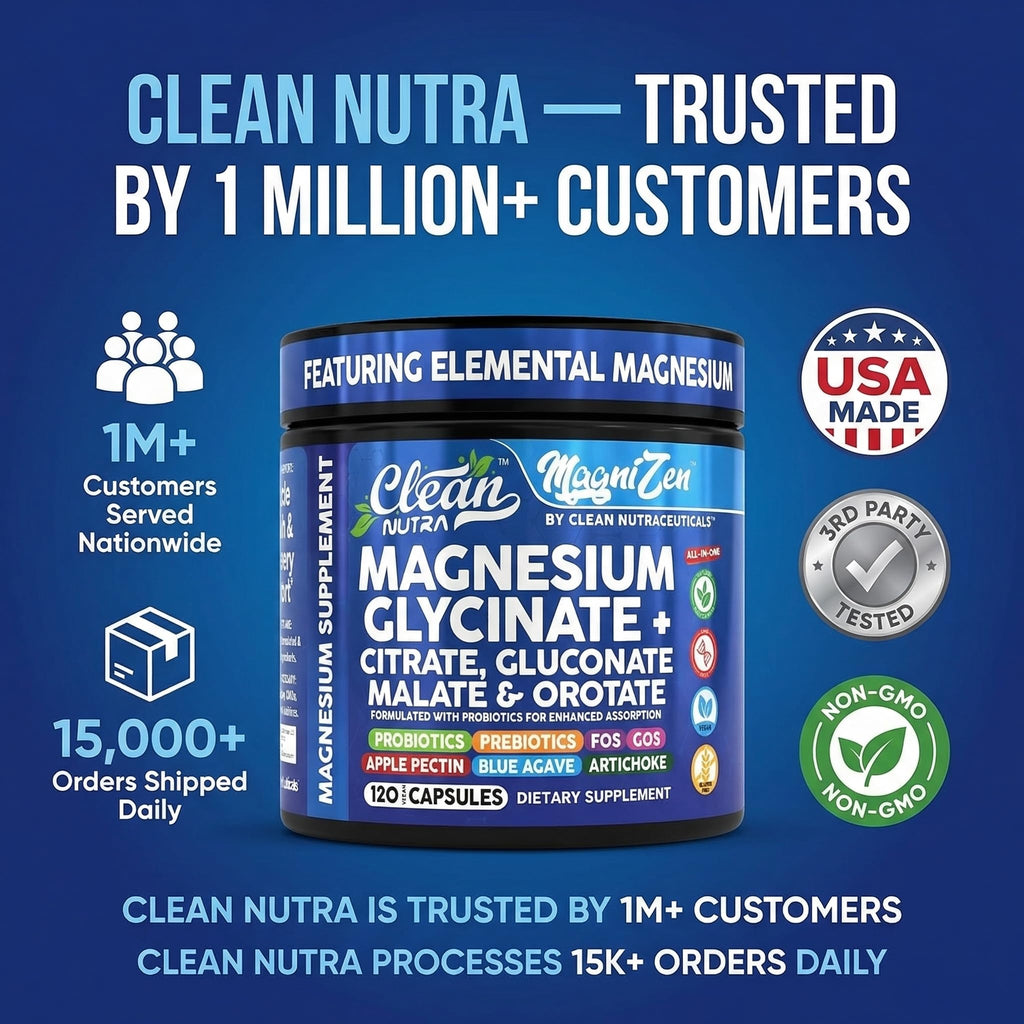 Clean Nutra Magnesium Glycinate Citrate Malate Orotate Taurate Supplement Complex + 10 Strain Probiotic Prebiotics FOS GOS Inulin Sleep Calm Support Apple Pectin – 120 Vegan Capsules Clean Nutraceuticals buy supplements Au