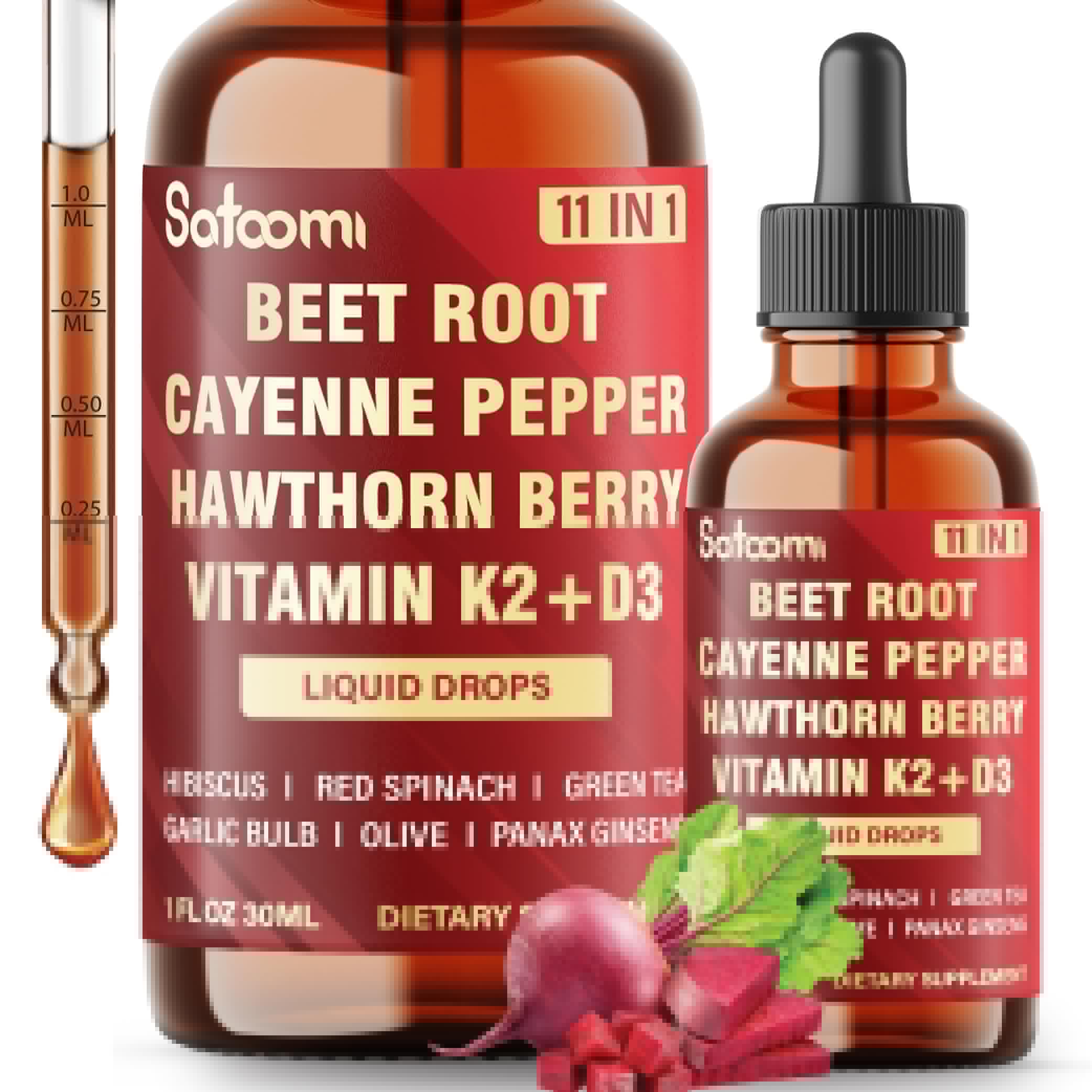 11in1 Beet Root Liquid Drops Supplement with Formula with D3, K2, Hawthorn, Red Spinach, Garlic & Green Tea and More - Supports Immune & Vitality - 1 FL Oz - for 60 Days SatoomiBuy Supplements Australia