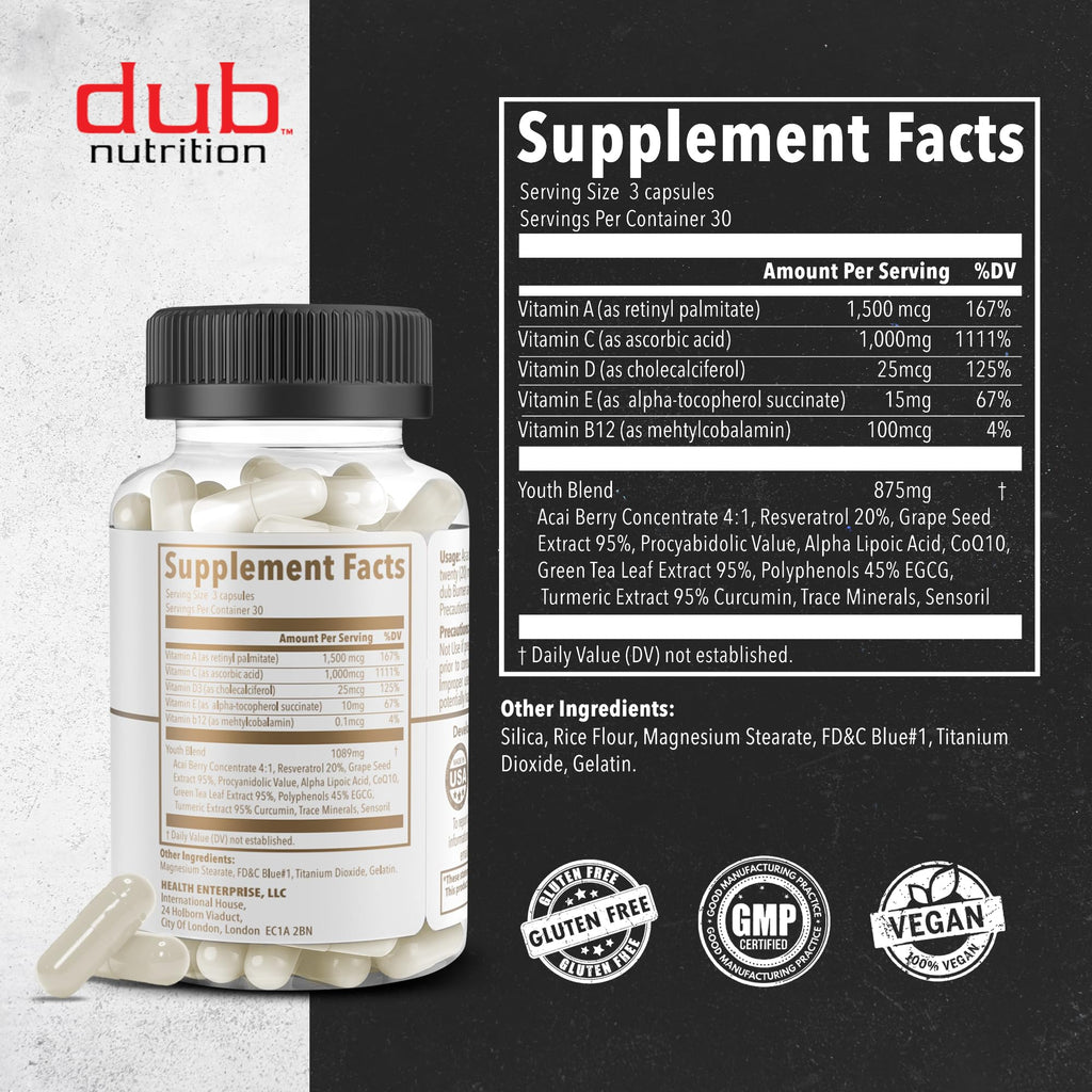 Dub Nutrition Youth - Formula with Acai, Resveratrol, Curcumin, Vitamins A, C, D, E, B12, and CoQ10 - Supports Immunity and Mobility - 90 Capsules Dub Nutrition buy supplements Au