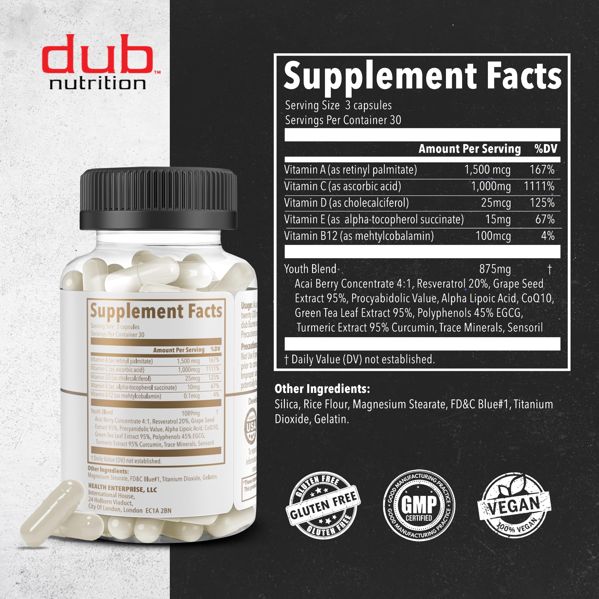 Dub Nutrition Youth - Formula with Acai, Resveratrol, Curcumin, Vitamins A, C, D, E, B12, and CoQ10 - Supports Immunity and Mobility - 90 Capsules Dub Nutrition buy supplements Au