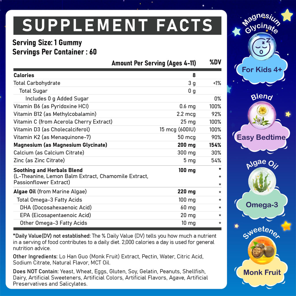 Kids Magnesium Glycinate Gummies - Magnesium Glycinate Supplement 200mg with L-theanine Omega-3 Calcium Vitamin D3 & B12 for Kids Natural Zzz at Bedtime & Overall Health - Sugar Free & Non-GMO EdmmyliyBuy Supplements Australia