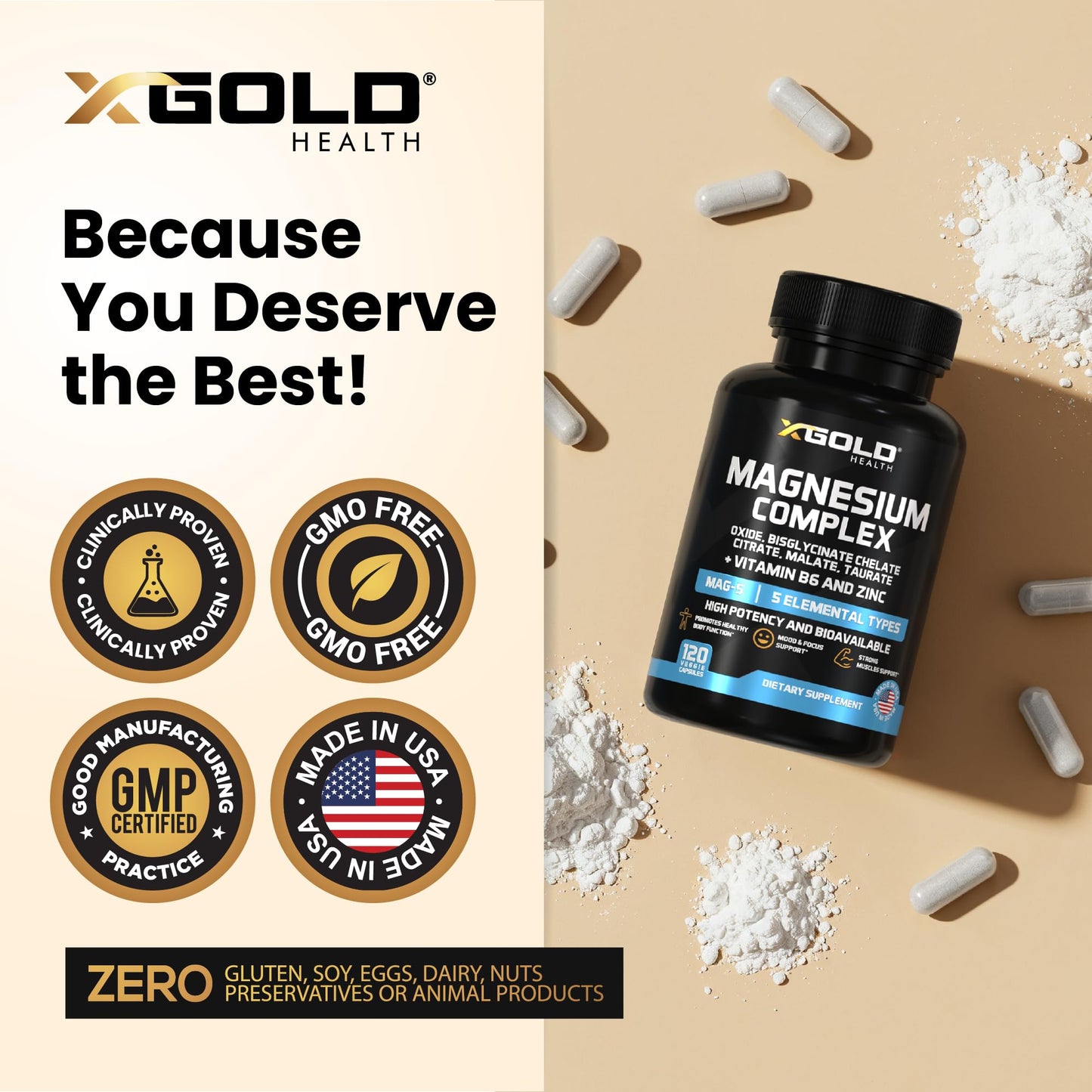 X Gold Health Magnesium Complex 5-in-1 with Zinc & B6 High Absorption Capsules (Glycinate, Citrate, Malate, Taurate, Oxide) Muscle Recovery, Energy, Sleep Support & Immune Health 500mg Made in USA X Gold Health buy supplements Au