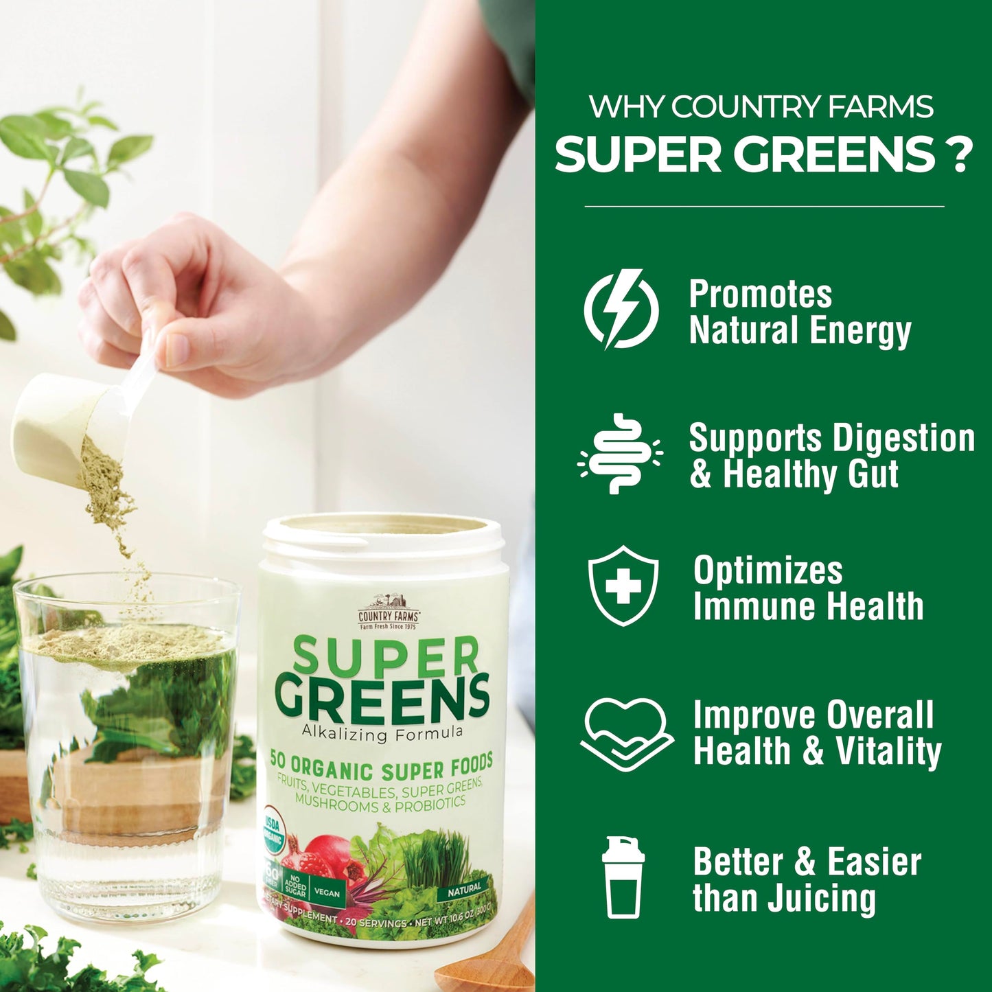 Country Farms Organic Super Greens Natural Flavor, 50 Organic Super Foods, Packed with Fiber, USDA Organic Drink Mix, Fruits, Vegetables, Mushrooms & Probiotics