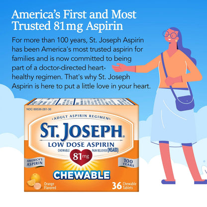 St. Joseph Aspirin Pain Reliever (NSAID) 81mg, Chewable Orange Tablets, Adult Low Dose Regimen, 36 ct St. JosephBuy Supplements Australia