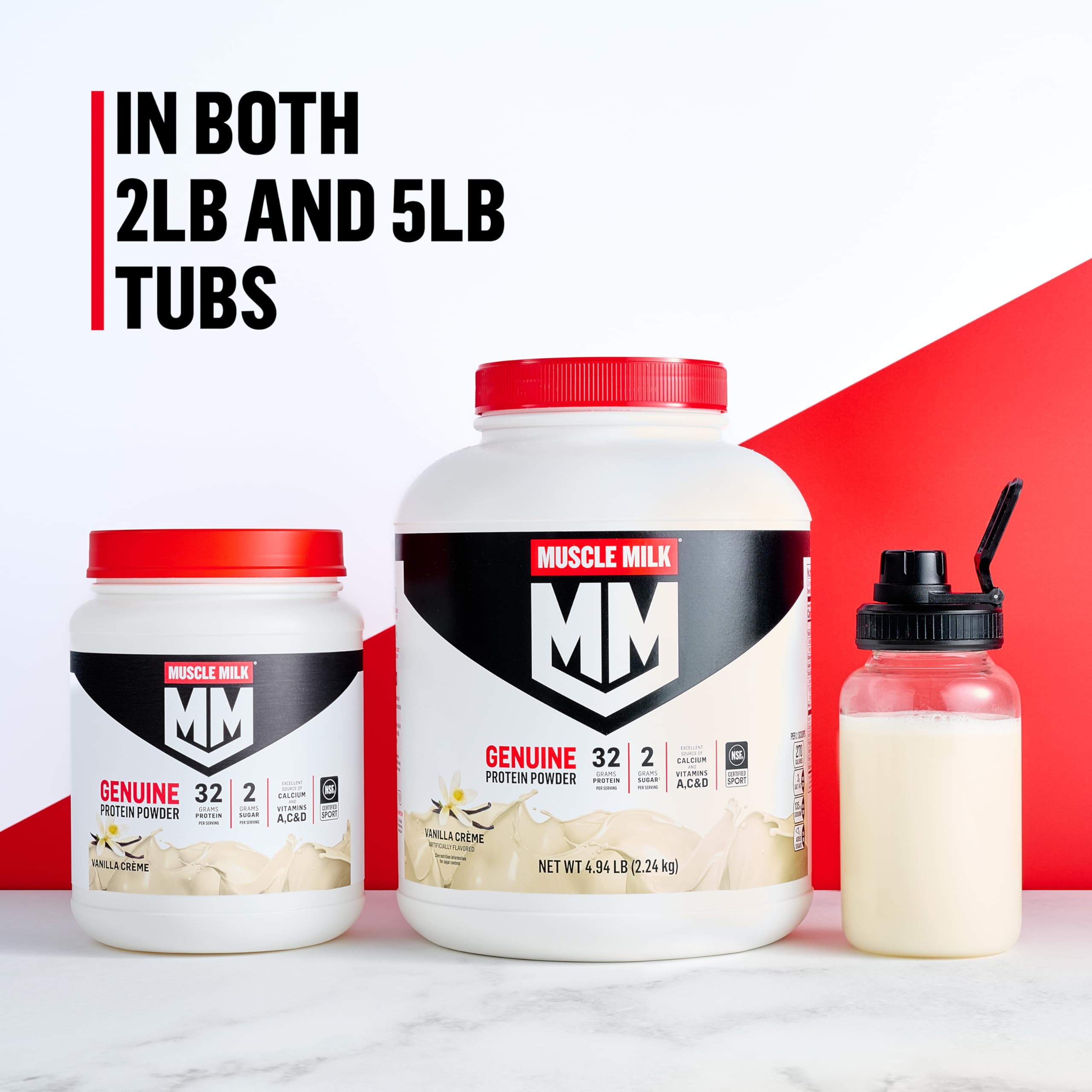 Muscle Milk Genuine Protein Powder, Vanilla Crème, 1.93 Pounds, 12 Servings, 32g Protein, 2g Sugar, Calcium, Vitamins A, C & D, NSF Certified for Sport, Energizing Snack, Packaging May Vary