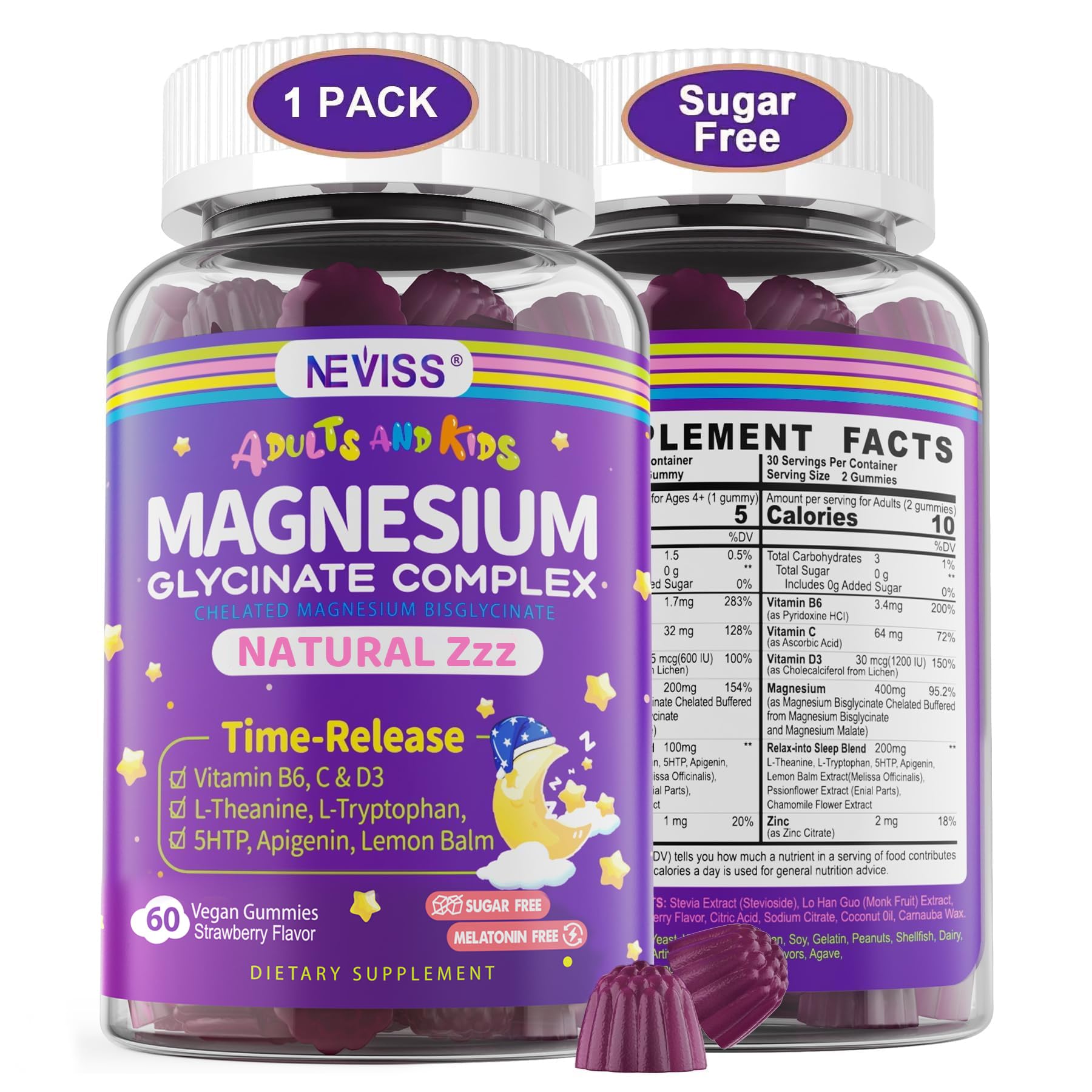 Magnesium Glycinate Gummies for Adults & Kids 4+, Sugar Free Magnesium Bisglycinate Supplement 400/200mg with B6D3, 5HTP, L-Theanine for Sleep & Relaxation, Brain, Muscle, Melatonin Free Gummies,1Pack NEVISSBuy Supplements Australia