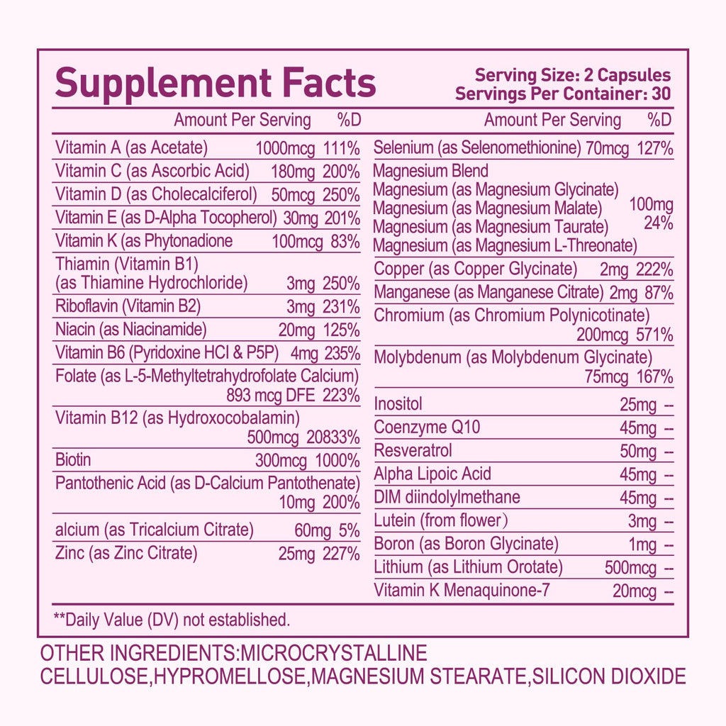 Methylated Multivitamin for Women, 30-in-1 Nutrients Formula with Inositol, CoQ10, Biotin, Zinc for Hair Health Support, Resveratrol, Vitamin C, Alpha Lipoic Acid for Skin Health Support, 60 Capsules SimlikeBuy Supplements Australia