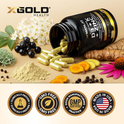 Vitamin D, K2, K1, Zinc, Quercetin, Elderberry, Turmeric, Ginger & Echinacea Whole Food Supplement 8 in 1- D3 5000 IU Plant-Based from Lichen, Vitamin K (K2 MK7, MK4, K1), D3 K2 Vitamins -120 Capsules X Gold Health buy supplements Au
