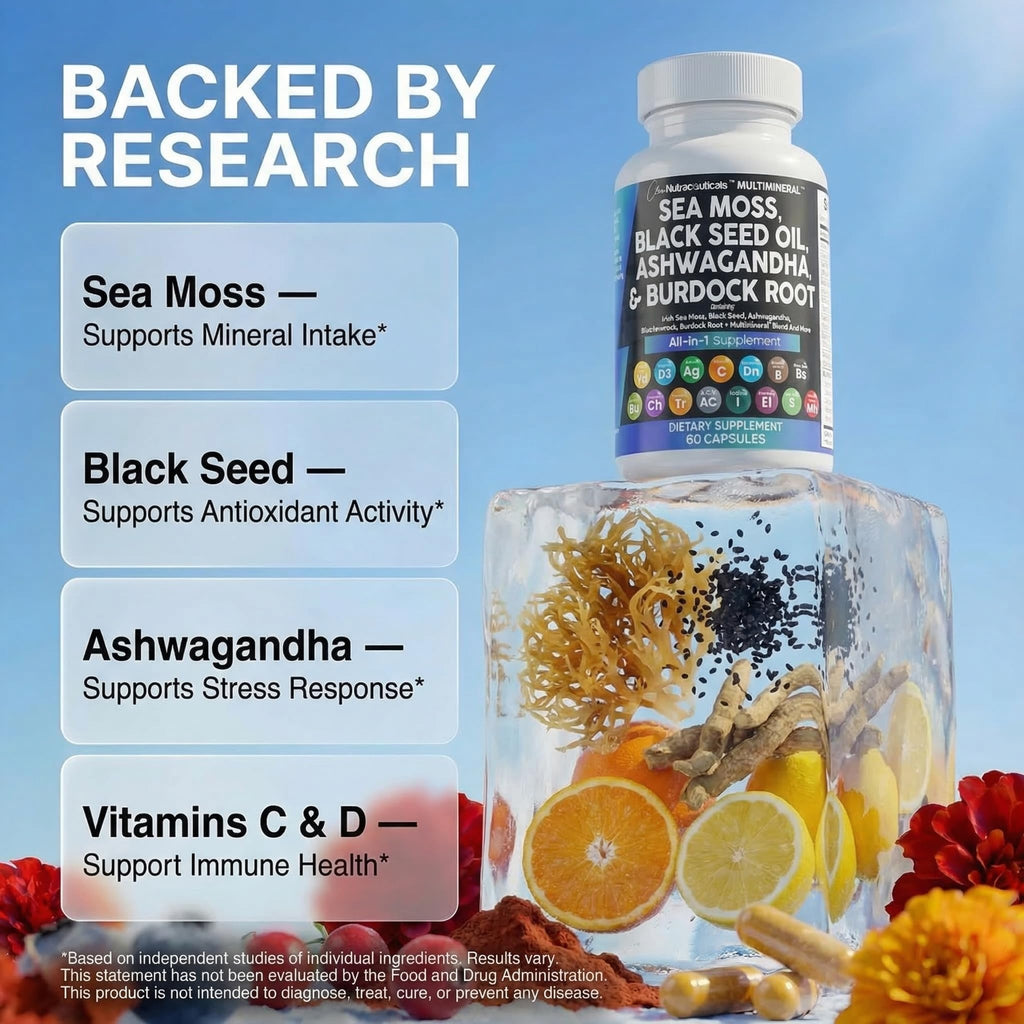 Clean Nutraceuticals Sea Moss Black Seed Oil Ashwagandha Turmeric Bladderwrack Burdock & Vitamin C Vitamin D3 with Elderberry Manuka Dandelion Yellow Dock Iodine Chlorophyll ACV Clean NutraceuticalsBuy Supplements Australia