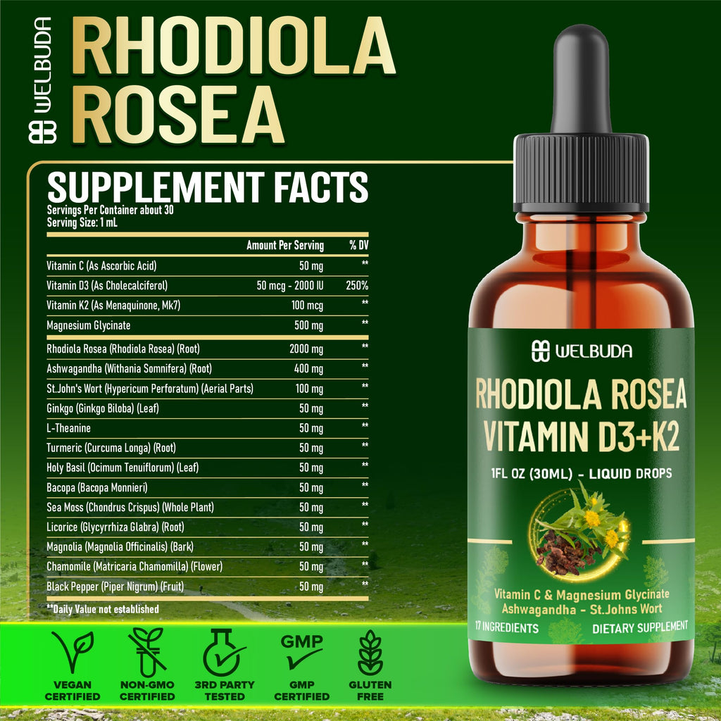 17in1 Rhodiola Rosea Liquid Supplement with Ashwagandha, Magnesium Glycine, L-Theanine, Vitamin C, Vitamin D3, Vitamin K2, Ginkgo, Turmeric, Holy Basil and More - 1 FL Oz - 60 Day Supply WELBUDABuy Supplements Australia