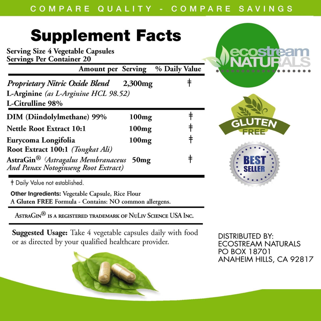 ecostream Naturals MAX 2650mg Nitric Oxide Booster L-Arginine - L-Citruline and Astragin - Time Release 2650 MAX Formula ecostream Naturals buy supplements Au
