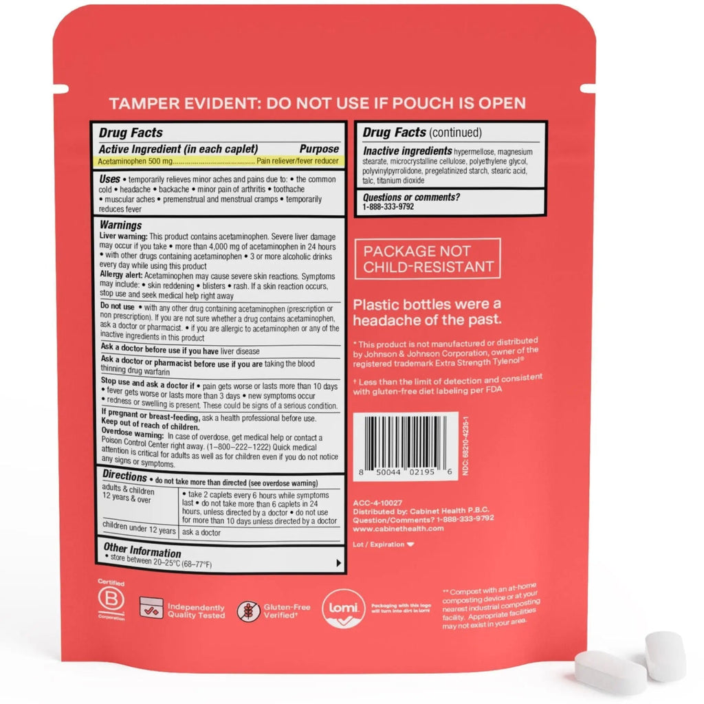 Cabinet: 500mg Acetaminophen for Headache Relief, Toothaches, Sore Throat, and Fever Reducer, 120 Tablets (Refill Pouch) Cabinet:Buy Supplements Australia