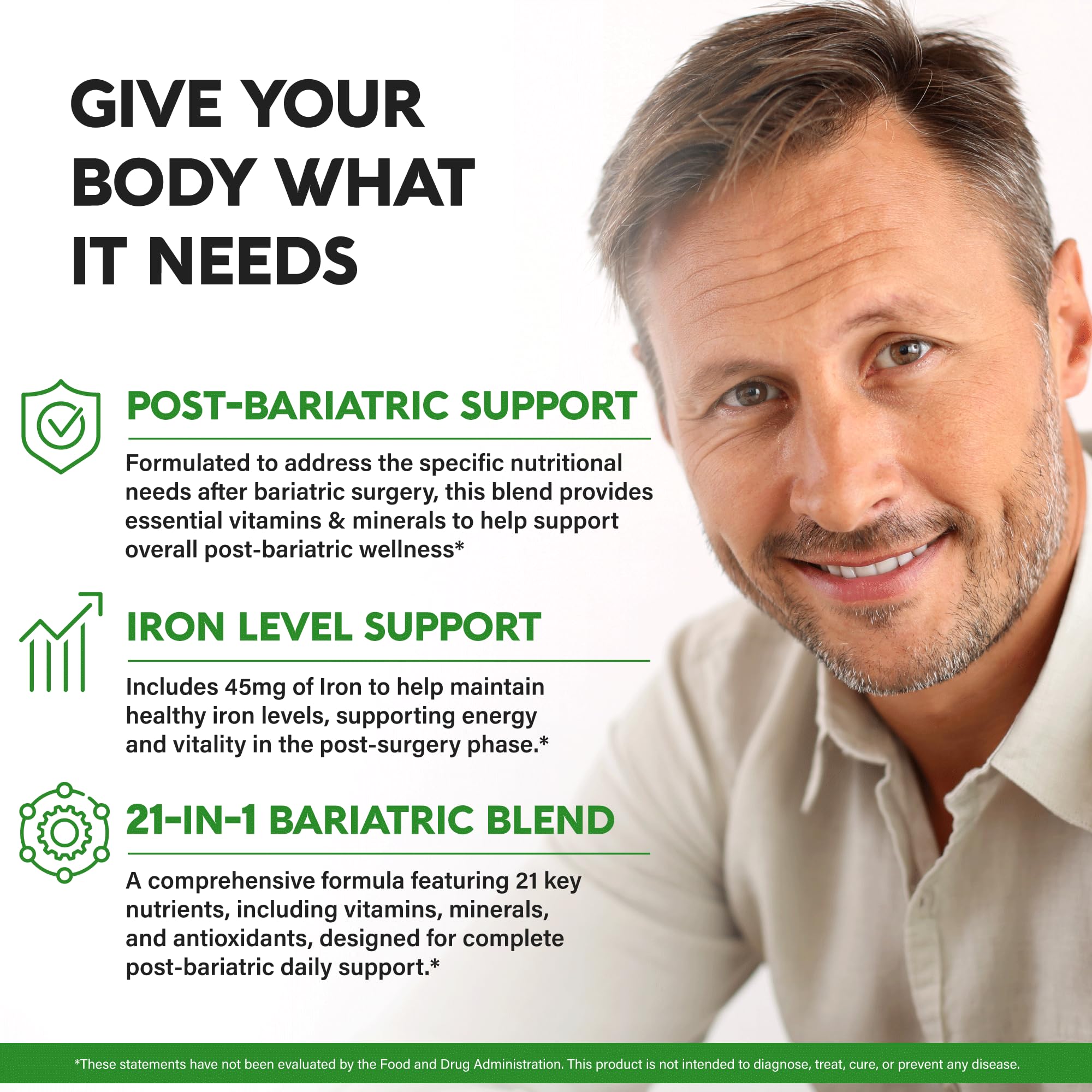 Bariatric Multivitamin - 45 mg Iron Supplements - Made in USA - for Women & Men - All-in-One, 21 Essential Vitamins - Gastric Sleeve Support