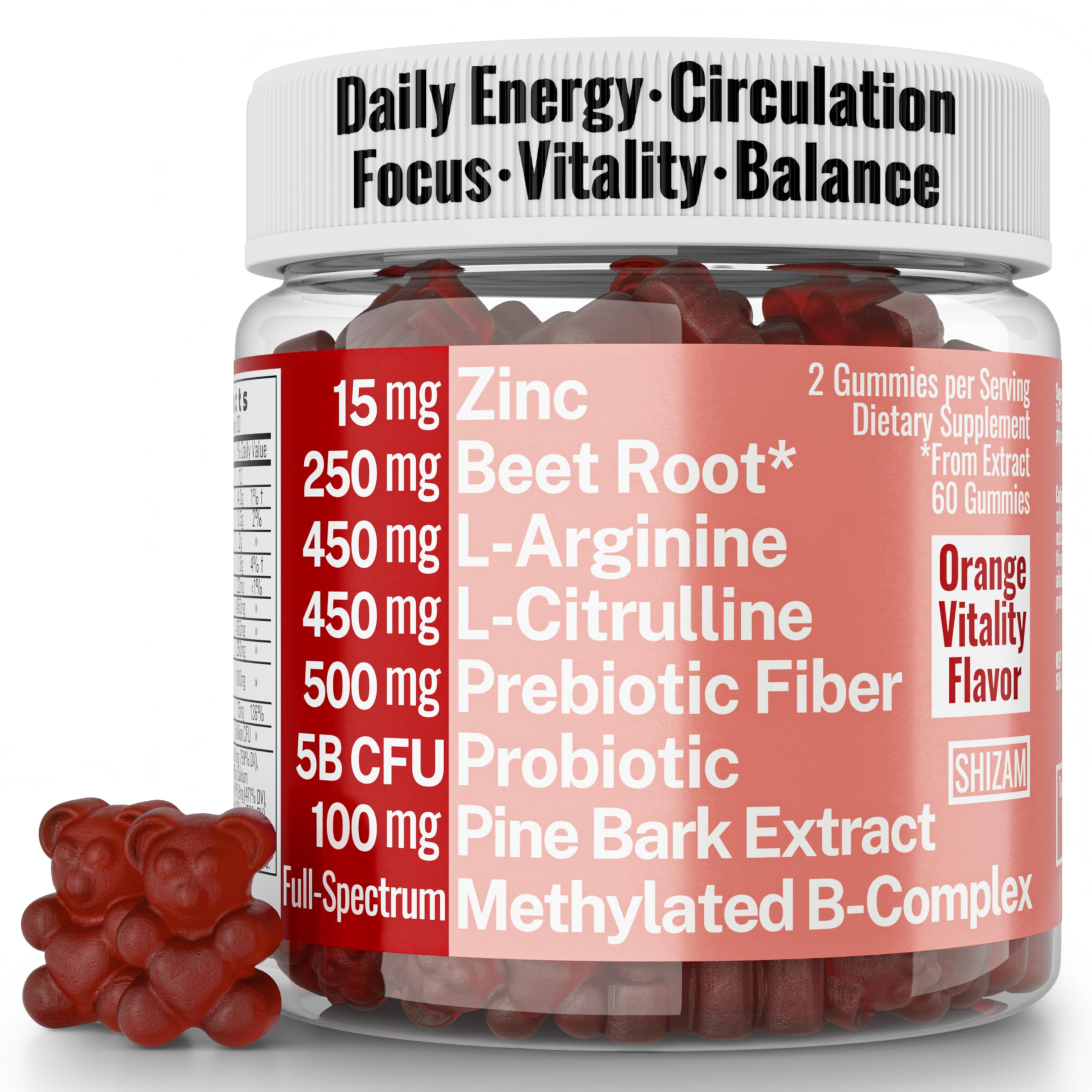 Pine Bark Extract L-Arginine L-Citrulline Beetroot Probiotic Fiber Methylated B Complex Zinc Gummies for Women Men Adults Kids w. Chicory Root Inulin 5-MTHF B6 P5P Powder Capsule Pill Supplement Alt SHIZAMBuy Supplements Australia