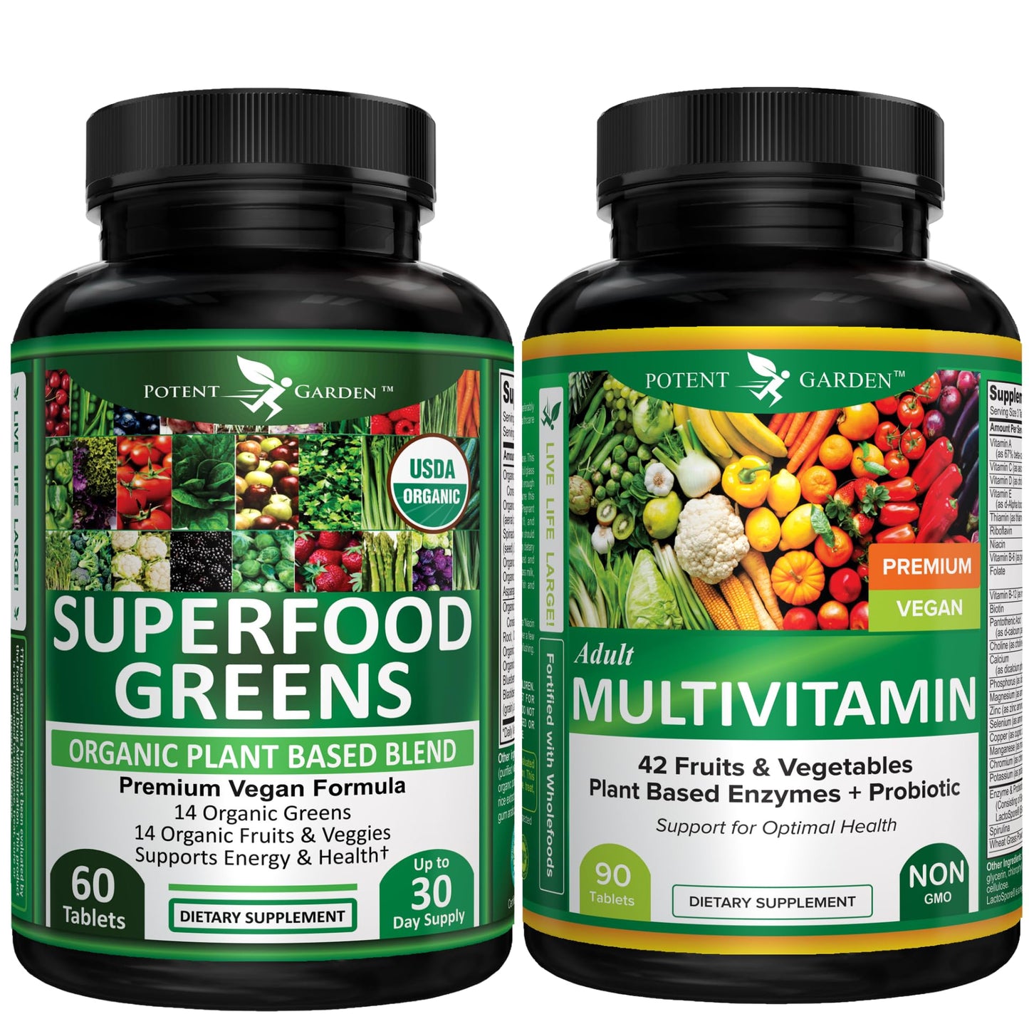 Two supplement bottles labeled 'Superfood Greens' and 'Adult Multivitamin' on a white background.