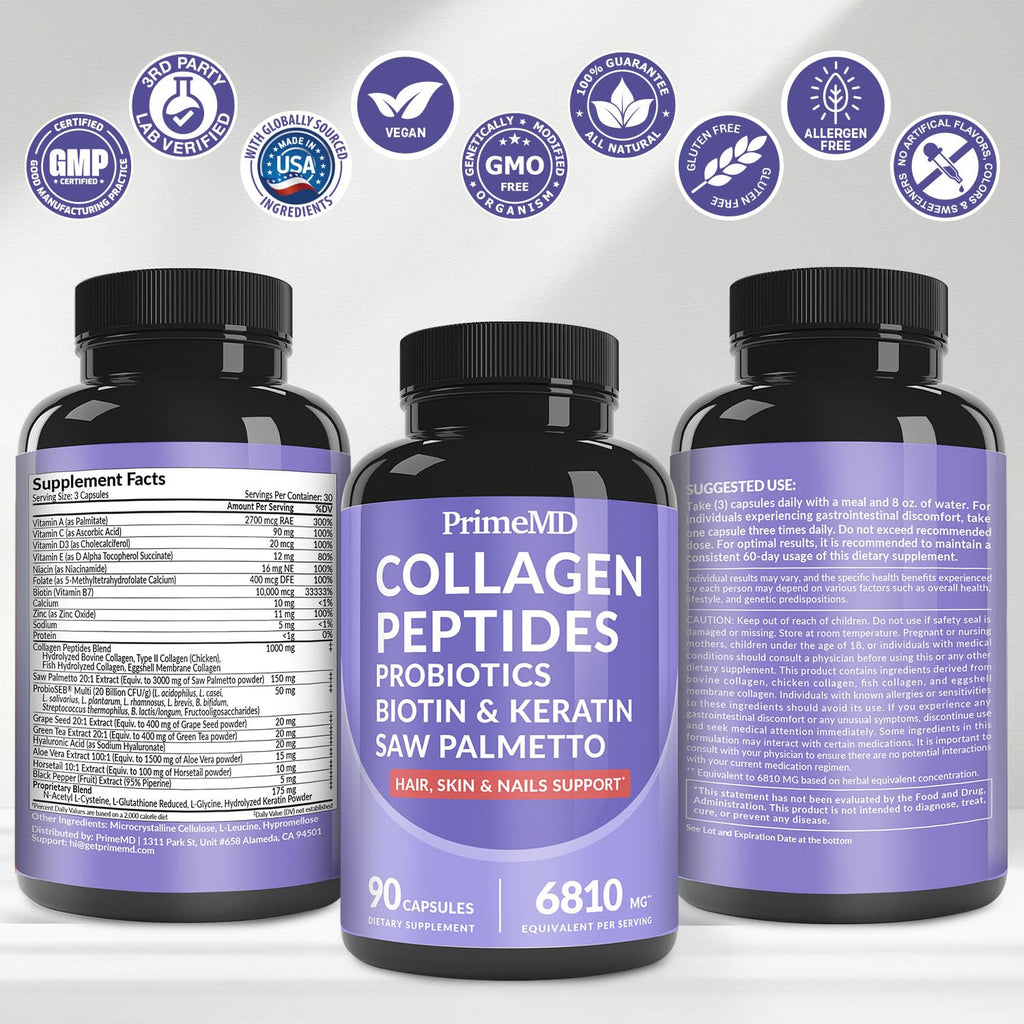 27-in-1 Hair Skin and Nails Vitamins (6810mg) with Biotin 10000mcg - Collagen Supplements for Men and Women - Keratin Supplements with Probiotics