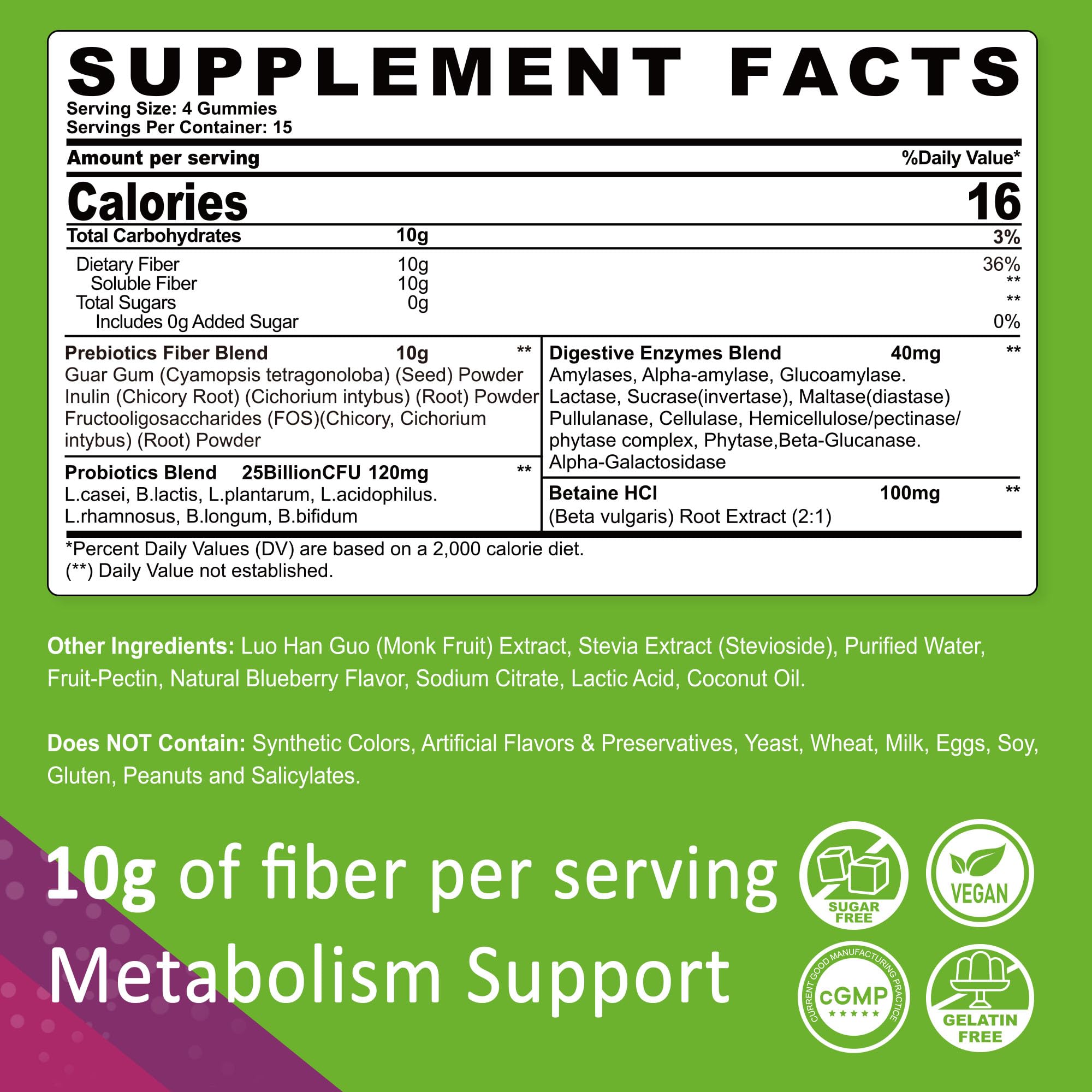 Fiber Gummies for Adults, Sugar Free 10g Prebiotic Fiber Supplement with Digestive Enzymes, Probiotics & 100mg Betaine for Digestive & Gut Health