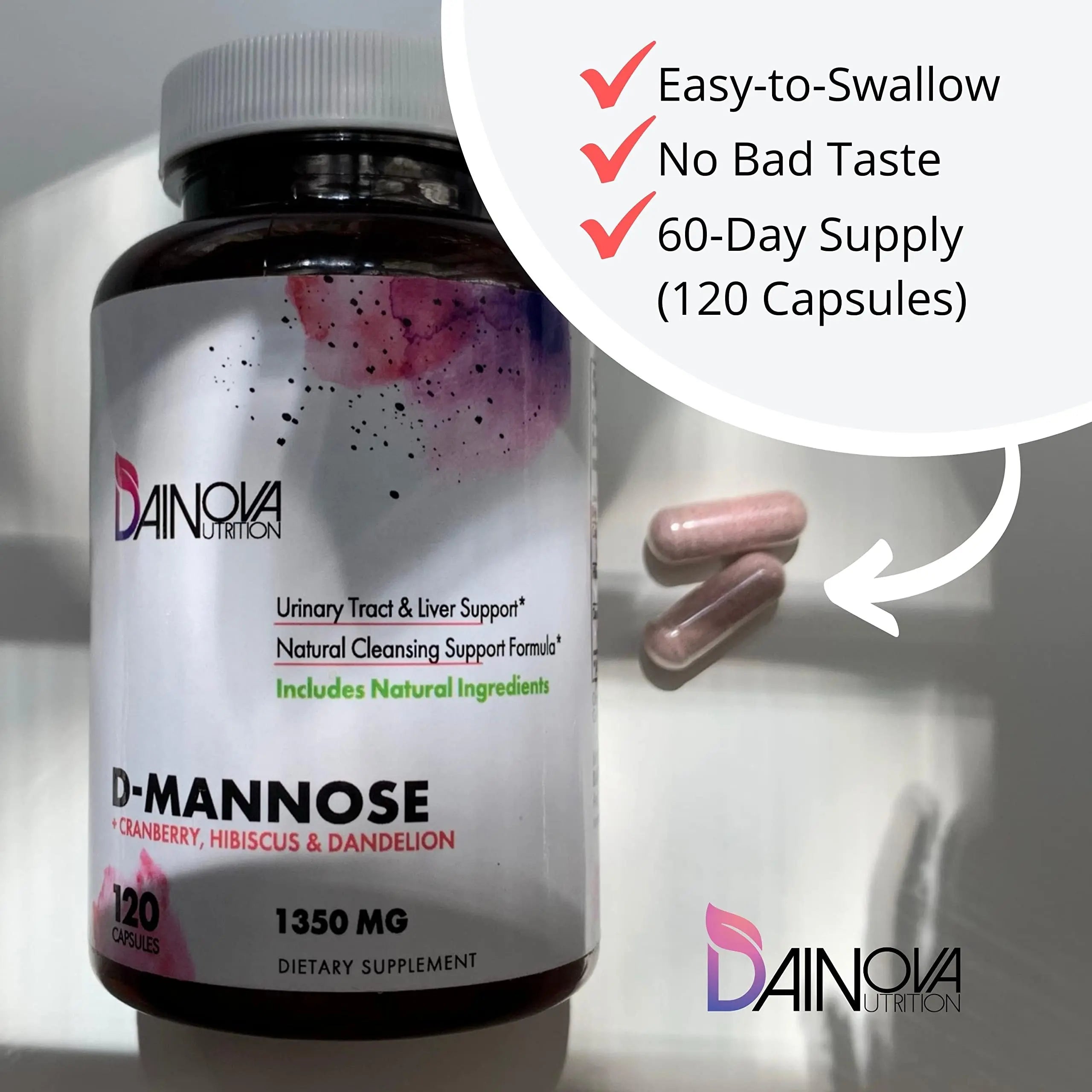 Dainova D Mannose 1350mg with Cranberry I D-Mannose Capsules for UTI Prevention, Urinary Tract Support, Urinary Tract Health for Women, & Cleanse. W/Hibiscus & Dandelion, 120 Veggie Capsules Dainova NutritionBuy Supplements Australia
