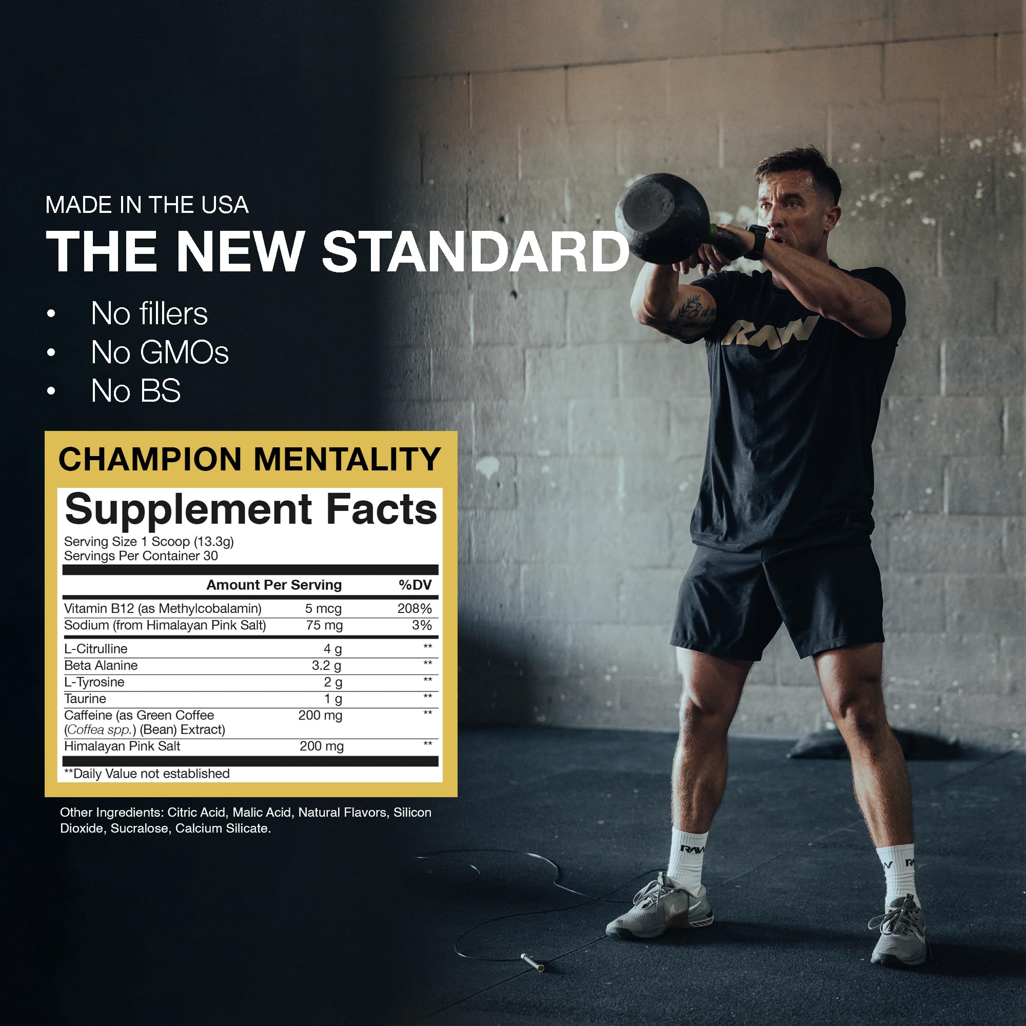 RAW Essential Pre-Workout Powder (Champion Mentality) - Chris Bumstead Sports Nutrition Supplement for Men & Women - Preworkout Energy Powder with Caffein