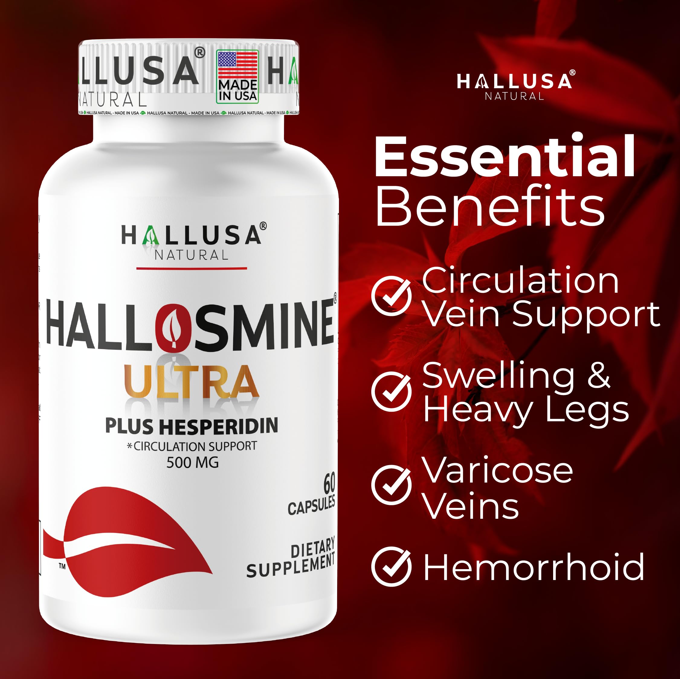 Hallusa Natural Hallosmine Ultra Diosmin 500mg & Hesperidin 150mg – Heavy Legs, Swelling & Vein - Blood Circulation Supplements, 60 Caps Hallusa NaturalBuy Supplements Australia