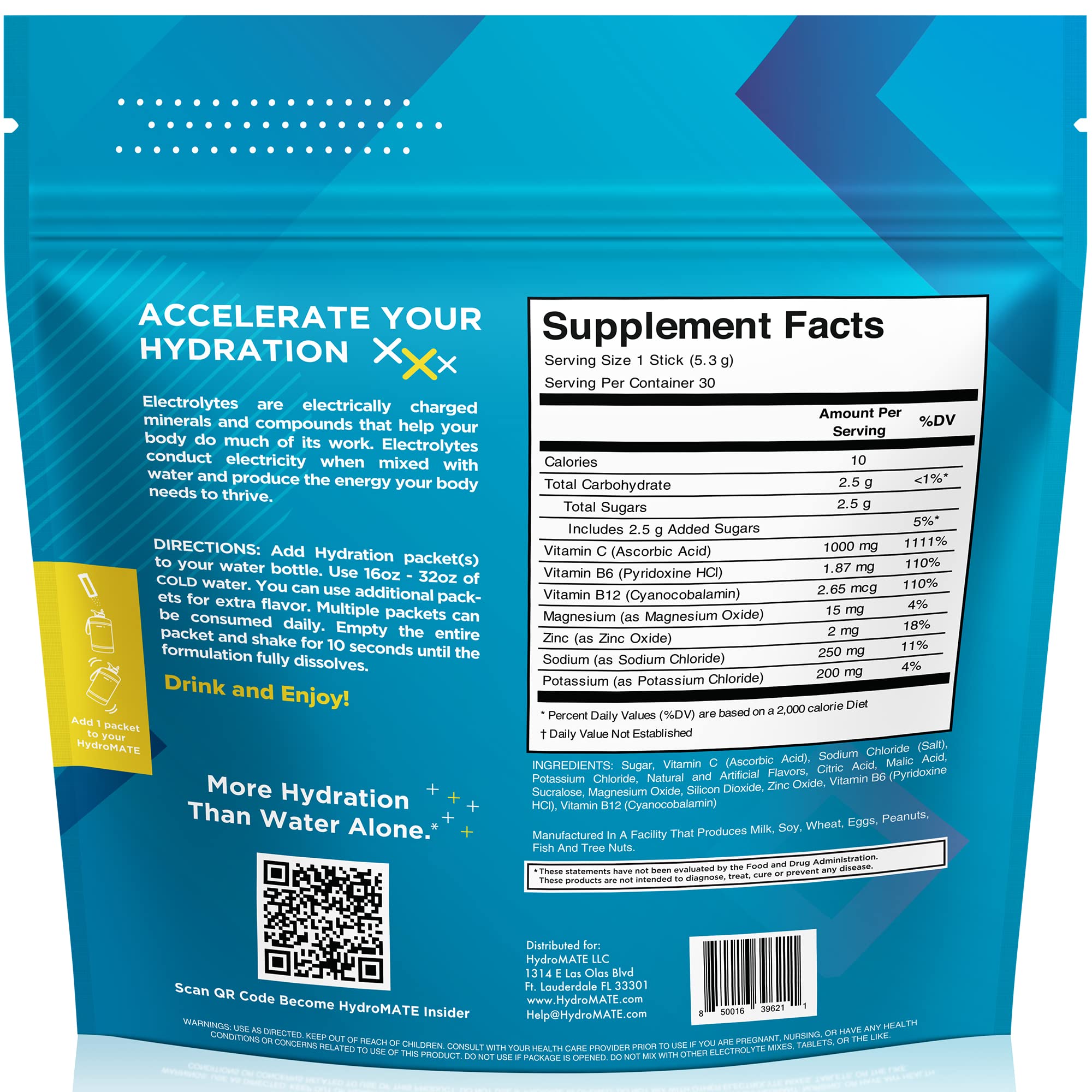 HydroMATE Electrolyte Powder Lemon Lime Hydration Packets Low Sugar 30 Count
