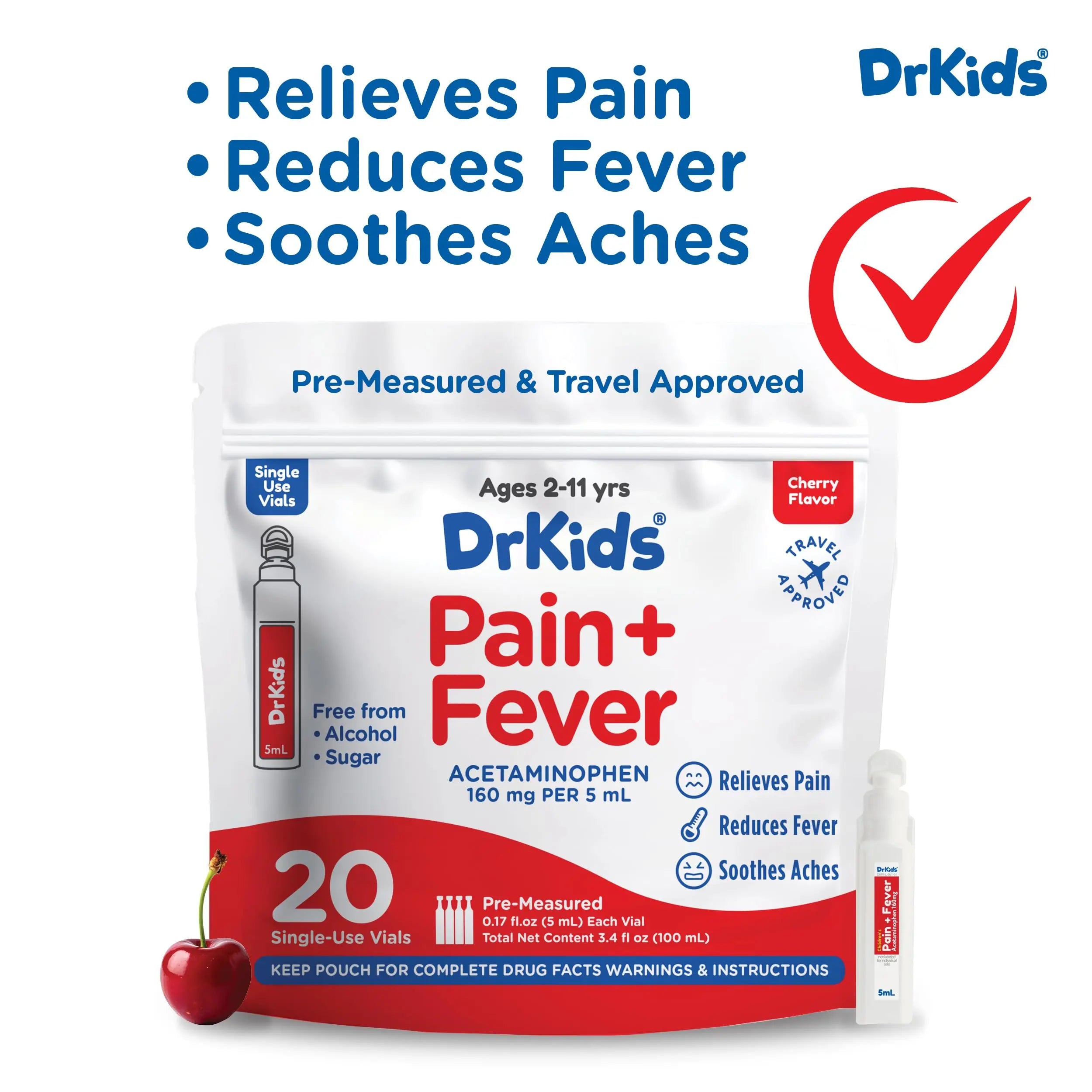 Dr. Kids Children’s Pain and Fever Medicine - Acetaminophen for Kids Ages 2-11, Pre-Measured Single-Use Vials for Headache, Sore Throat, Cold and Flu, Cherry Flavor, 20 Count Dr. KidsBuy Supplements Australia