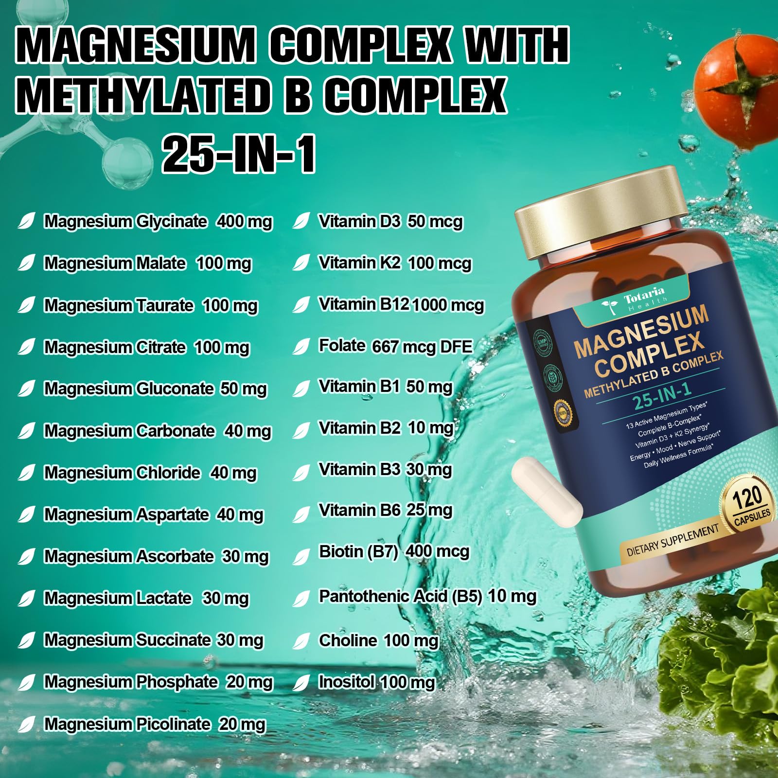 25-in-1 Magnesium Complex with Methylated B Complex Magnesium Glycinate Citrate Malate Taurate Gluconate Aspartate Carbonate D3 K2, Magnesium Supplement for Relaxation Energy & Nerve, 120 Vegan Caps Totaria buy supplements Au