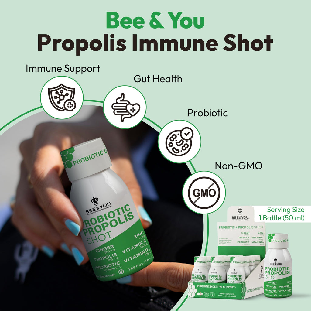 Bee and You Propolis Immune Shot, Probiotic, Vitamin C, Vitamin D3, Zinc, Ginger, Immune Support, Gut Health, Digestive Health, Bioactive 1.69 Fl. oz, 12 Pack BEE & YOUBuy Supplements Australia