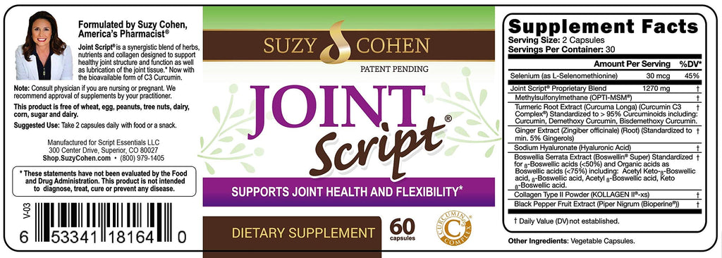 Suzy Cohen Joint Script Joint Support Supplement with Hyaluronic Acid, C3 Curcumin Turmeric Extract, MSM, Collagen Peptides, Ginger, and Boswellia for Maximum Flexibility, Tendon and Cartilage Health Script EssentialsBuy Supplements Australia