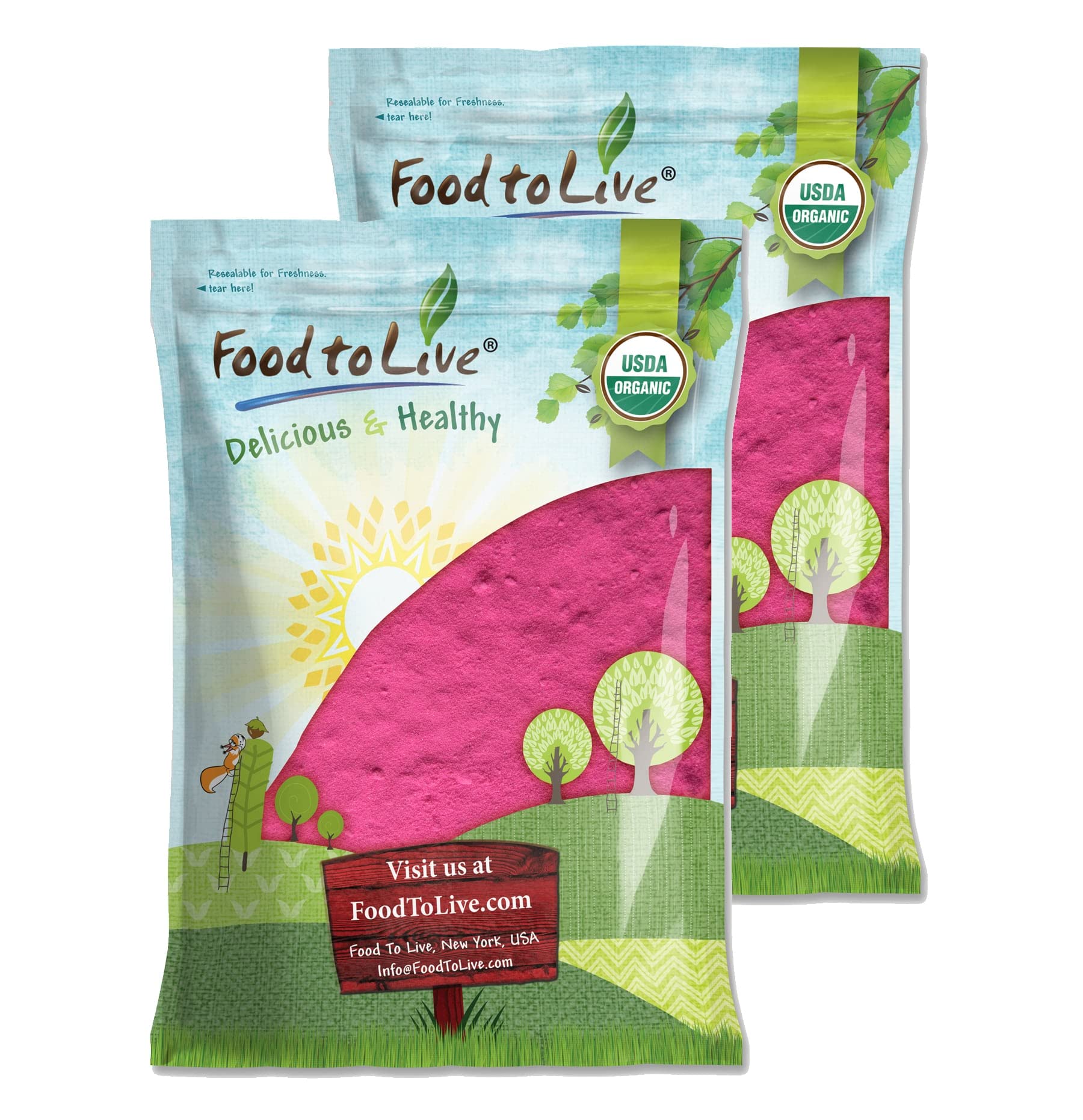 Two packages of Food to Live products with a scenic design on a white background