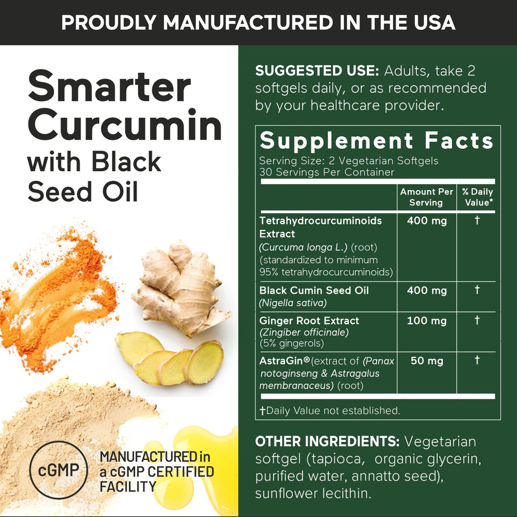 SMARTERNUTRITION Curcumin Softgels - Vegan High Absorption 400 mg Turmeric Supplement + Black Seed Oil & Ginger - 95% Tetrahydrocurcuminoids Non-GMO, USA Manufactured - 60 Ct[30 Servings] SMARTERNUTRITIONBuy Supplements Australia