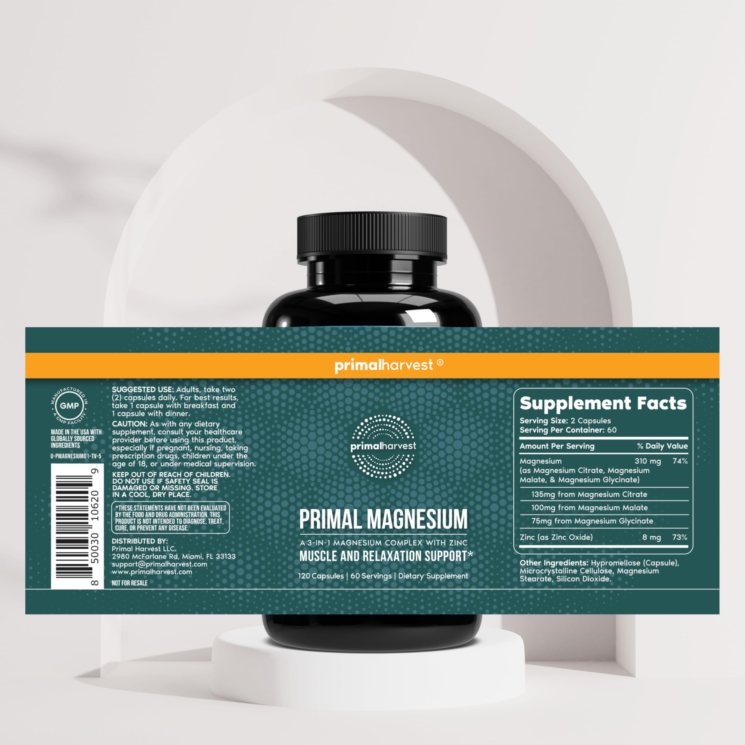 Magnesium Supplement Complex 310mg by Primal Harvest with Magnesium Glycinate, Citrate, Malate, and Zinc 120 Capsules Primal Harvest buy supplements Au