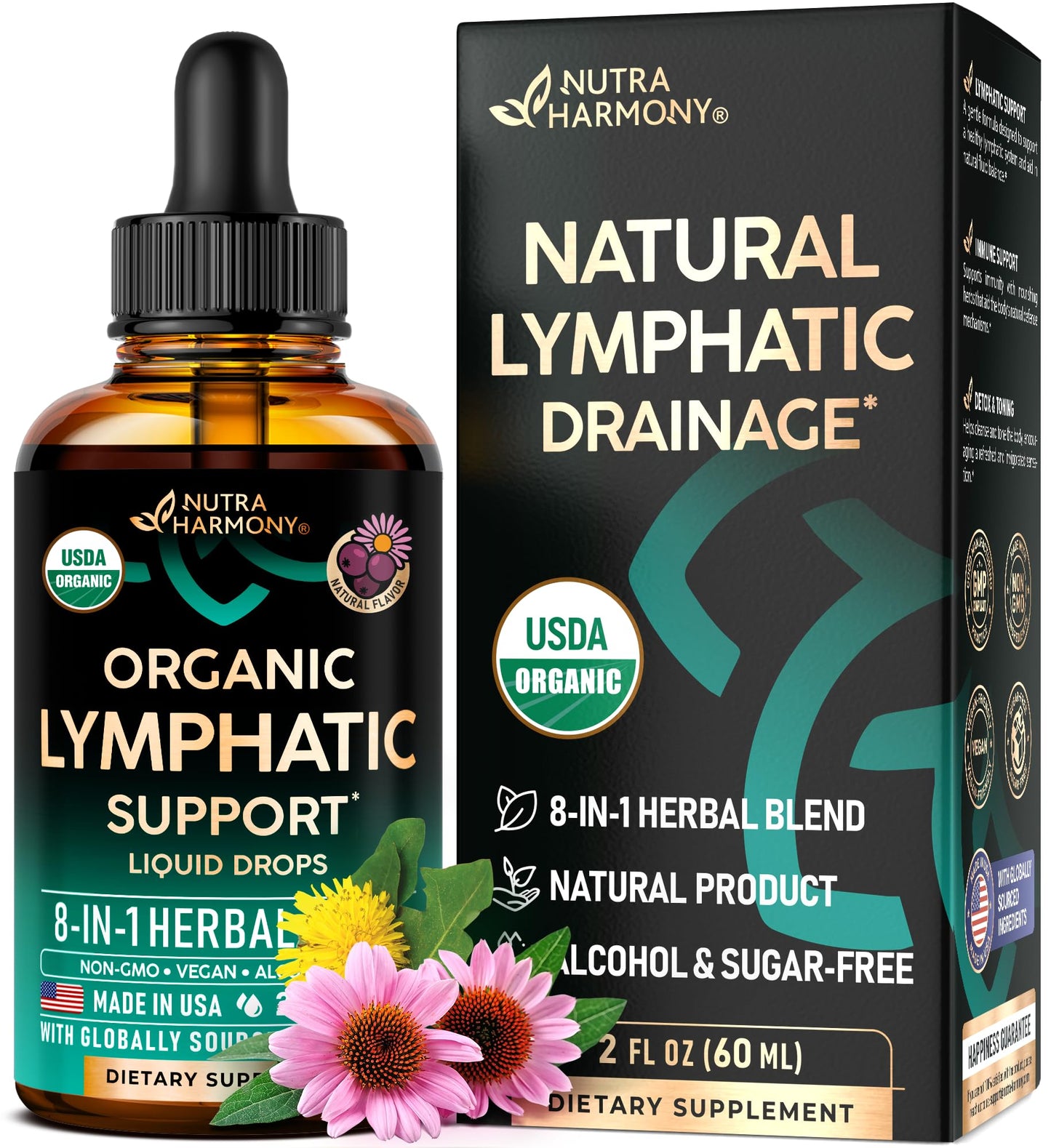 USDA Organic Lymphatic Drainage Supplement - Echinacea | Elderberry | Dandelion | Rosehip | Cleavers | Calendula | Burdock - Made in USA - Lymph System Drops - Immune Support, Cleanse & Detox, 2 fl oz NUTRAHARMONY buy supplements Au