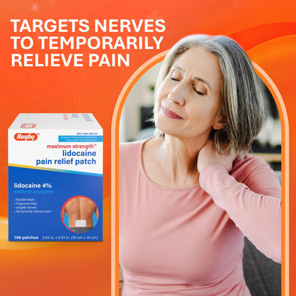 Rugby Maximum Strength 4% Lidocaine Pain Relief Patch- External Analgesic - Flexible Fabric, Fragrance-Free - Temporarily Relieves Pain - 100 Patches (10 cm x 14 cm Each) RUGBY LABORATORIESBuy Supplements Australia