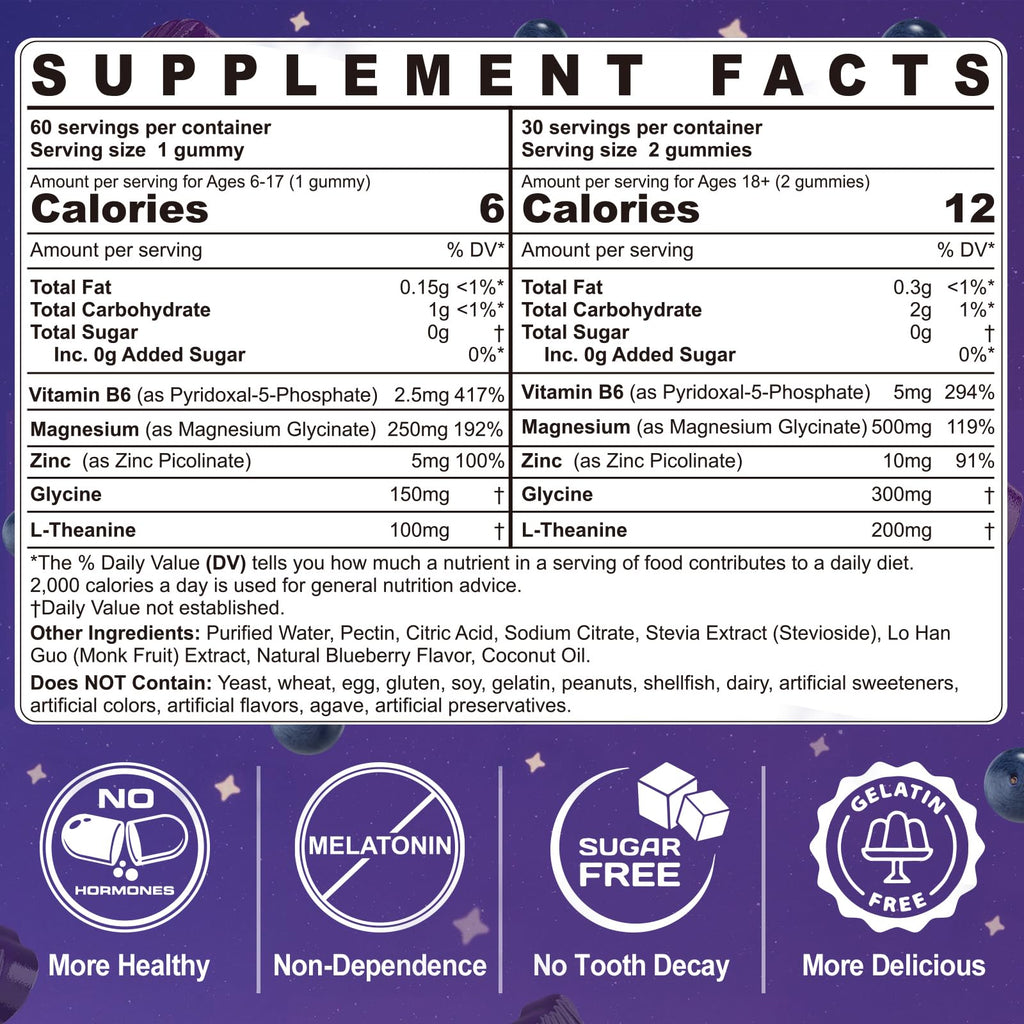 Magnesium Glycinate Gummies 500mg/250mg for Adults Kids Teens, Sugar Free Magnesium Calm Sleep Aid, Kids Sleep Gummies with L-Theanine Glycine B6 for Sleep, Calm, Muscle,Relax Brain,No Melatonin,2Pack ELLAMENTZBuy Supplements Australia