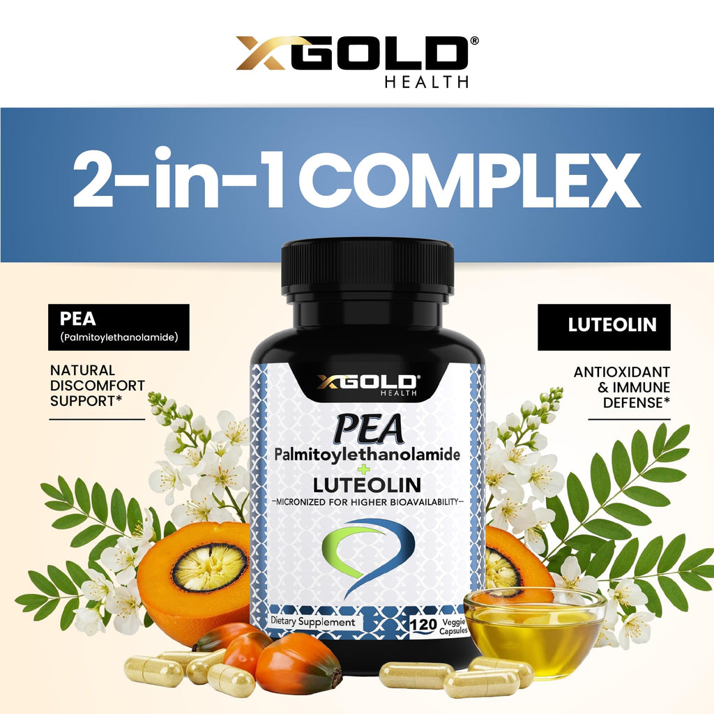 Palmitoylethanolamide 630 mg + Luteolin Standardized 98%- Micronized Pea 99% Highly Purified and Bioavailable - Made in USA - Supplement for Men and Women - 120 Veggie Capsules X Gold HealthBuy Supplements Australia