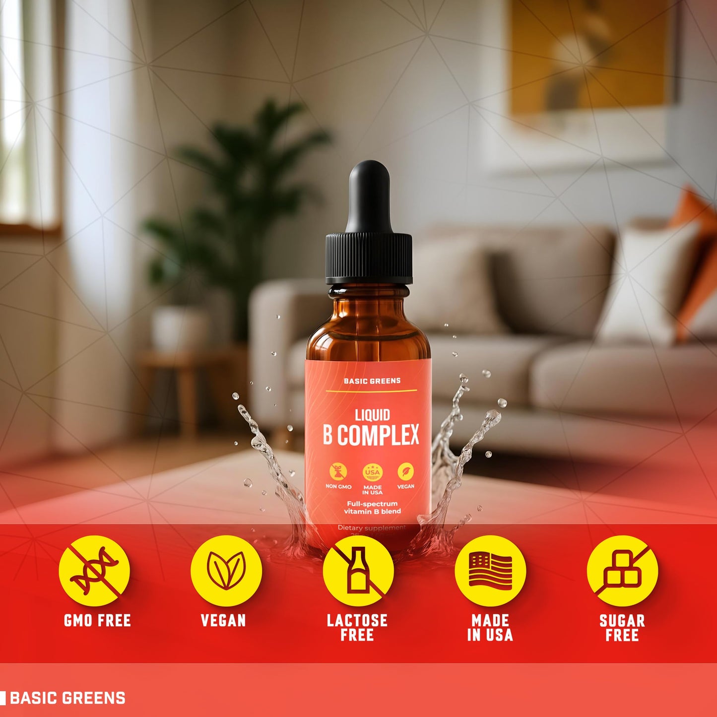 BASIC GREENS Vitamin B Complex Liquid Drops - Strength Sublingual Formula, Maximizes Absorption & Boosts Energy - B1, B2, B3, B5, B6, B7, B9, B12 - Natural Vegan Supplement