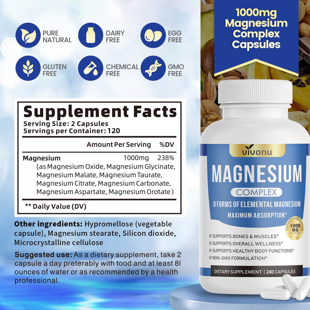 1000mg Magnesium Complex Capsules, 8-in-1 Magnesium Glycinate, Citrate, Malate, Taurate, Oxide, Carbonate, Aspartate, Orotate - 240 Capsules VivoNu buy supplements Au