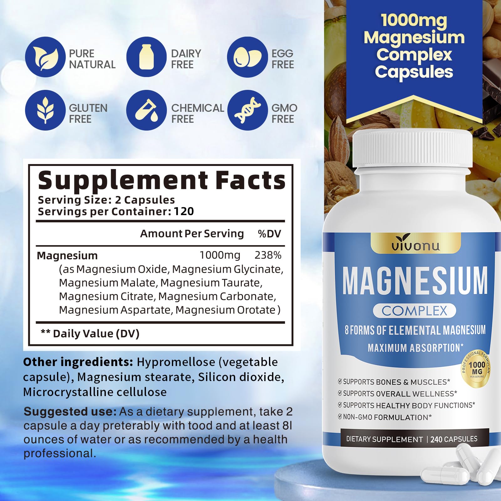 1000mg Magnesium Complex Capsules, 8-in-1 Magnesium Glycinate, Citrate, Malate, Taurate, Oxide, Carbonate, Aspartate, Orotate - 240 Capsules VivoNu buy supplements Au