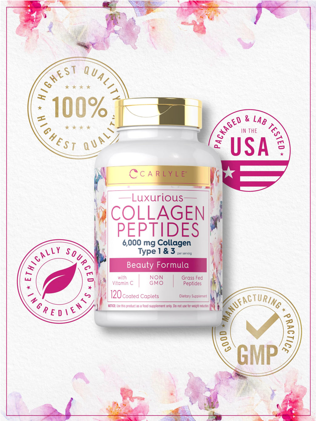 Carlyle Collagen Peptides with Vitamin C | 6000mg | 120 Caplets | Grass Fed Type II & III | Beauty Formula | Non-GMO, Gluten Free Supplement Carlyle buy supplements Au
