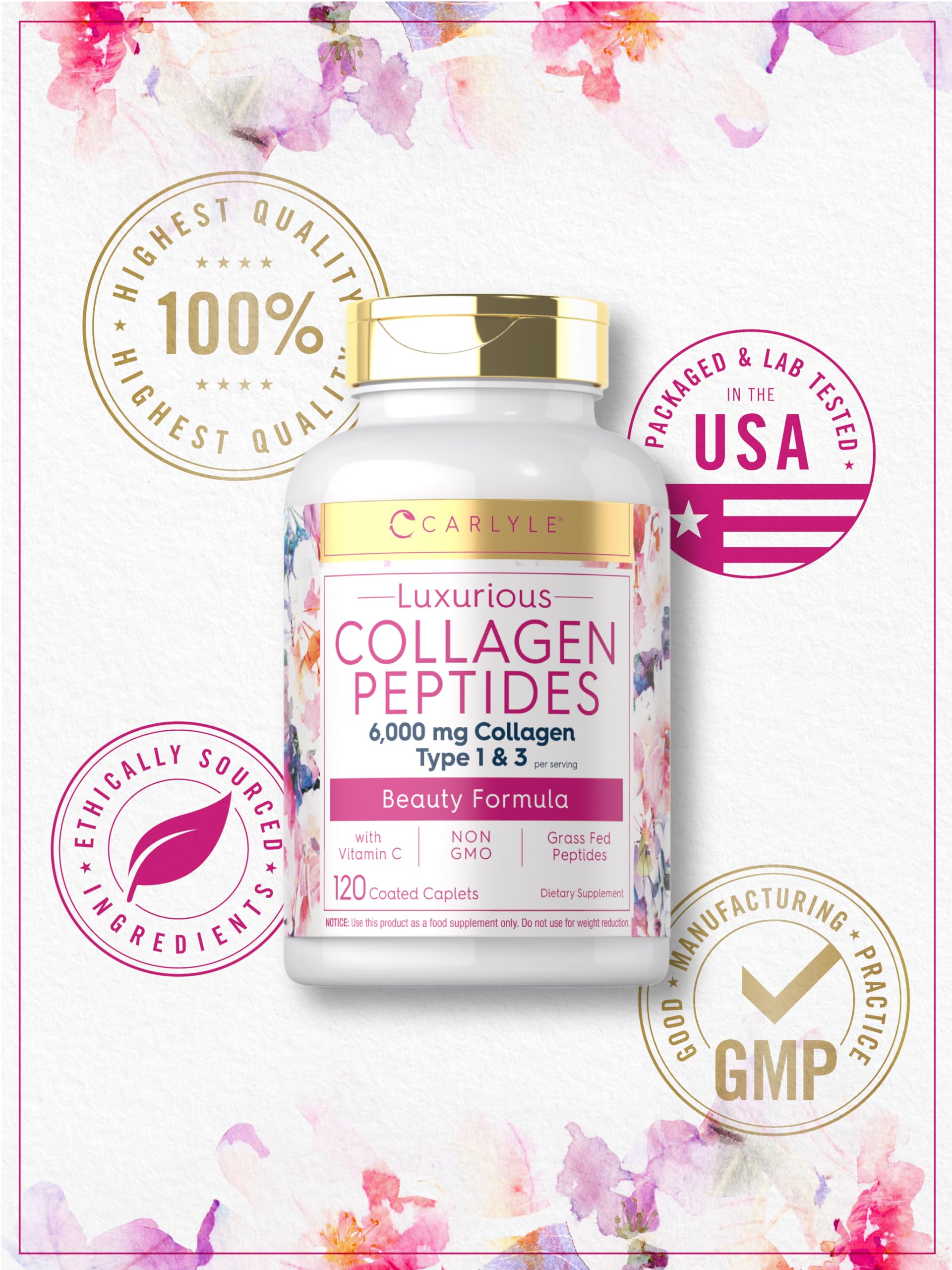 Carlyle Collagen Peptides with Vitamin C | 6000mg | 120 Caplets | Grass Fed Type II & III | Beauty Formula | Non-GMO, Gluten Free Supplement Carlyle buy supplements Au