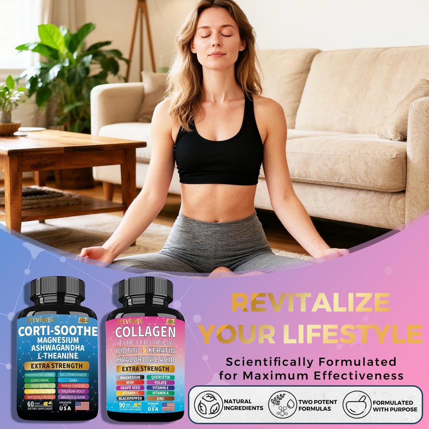 JTEVEweu Shining Serenity Set, Cortisol Support with Ashwagandha, L-Theanine, Magnesium, Lions Mane, GABA, Bacopa Monnieri, Collagen Biotin, Keratin, Hyaluronic Acid, Quercetin JTEVEweu buy supplements Au