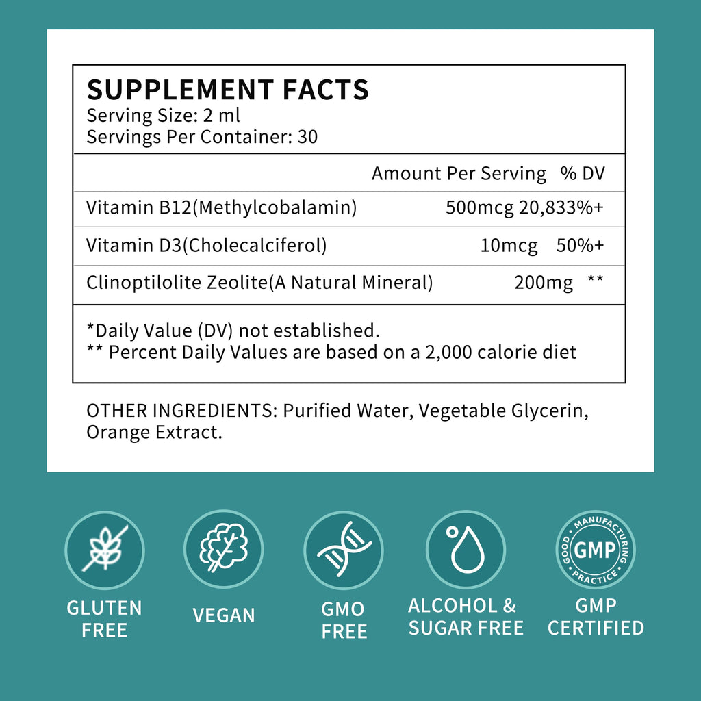 Zeolite Drops for Women,Adults and Kids- Clinoptilolite Zeolite Liquid Drops with Vitamin B12 & D3 - Heavy Metal Support, Immune Health, Natural Metabolism, Energy & Clear Skin - 30 Day Vegan Supply HerbanceBuy Supplements Australia