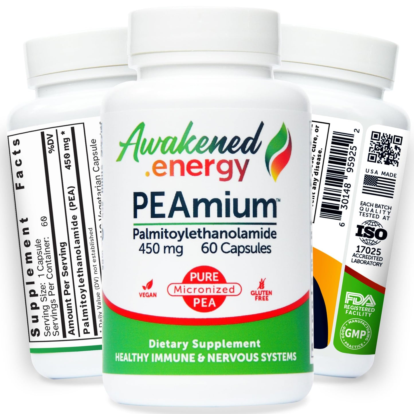 Palmitoylethanolamide 450mg Comfort Mobility Nerves Cognitive & Immune Support - Micronized High Absorption - All Natural Pea - USA Made - No Additives or Excipients – 60 Vegan Capsules Supplement Awakened.energyBuy Supplements Australia