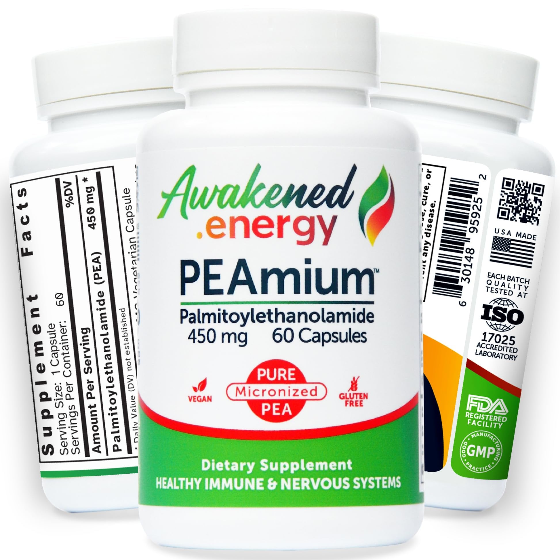 Palmitoylethanolamide 450mg Comfort Mobility Nerves Cognitive & Immune Support - Micronized High Absorption - All Natural Pea - USA Made - No Additives or Excipients – 60 Vegan Capsules Supplement Awakened.energyBuy Supplements Australia